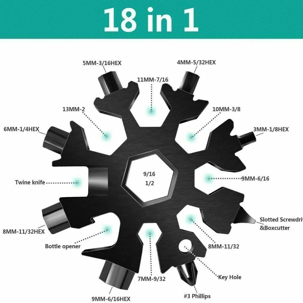 18-in-1 Multi-tool Snowflake | Bottle Opener | Stainless Keychain | Wrench Screwdriver | Black
