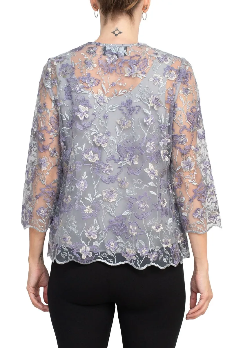 3/4 Sleeve Embroidered Twinset with Solid Cami and Hook Neck Closure Jacket