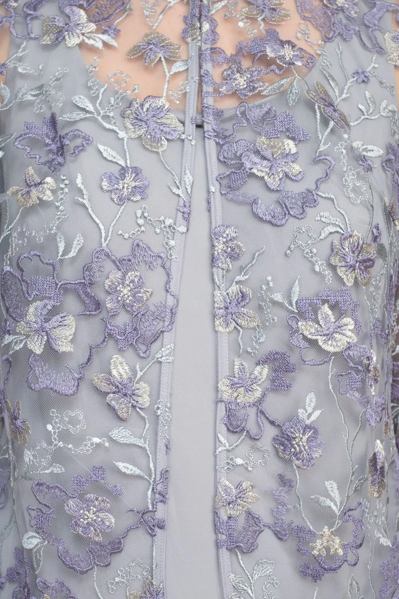 3/4 Sleeve Embroidered Twinset with Solid Cami and Hook Neck Closure Jacket