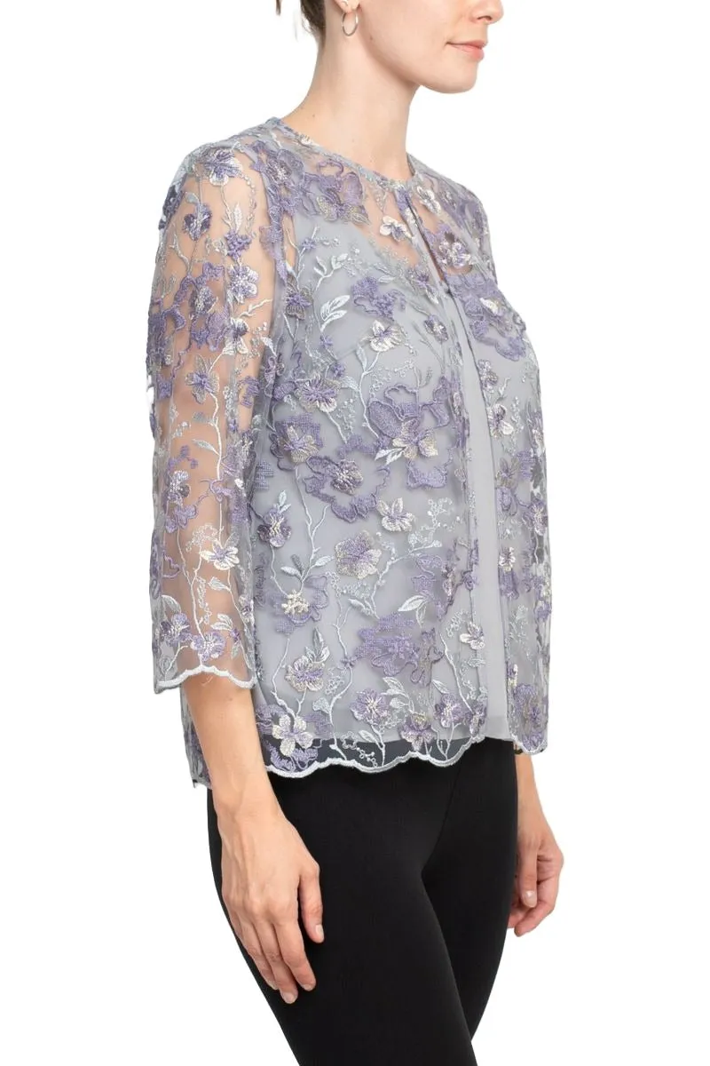 3/4 Sleeve Embroidered Twinset with Solid Cami and Hook Neck Closure Jacket