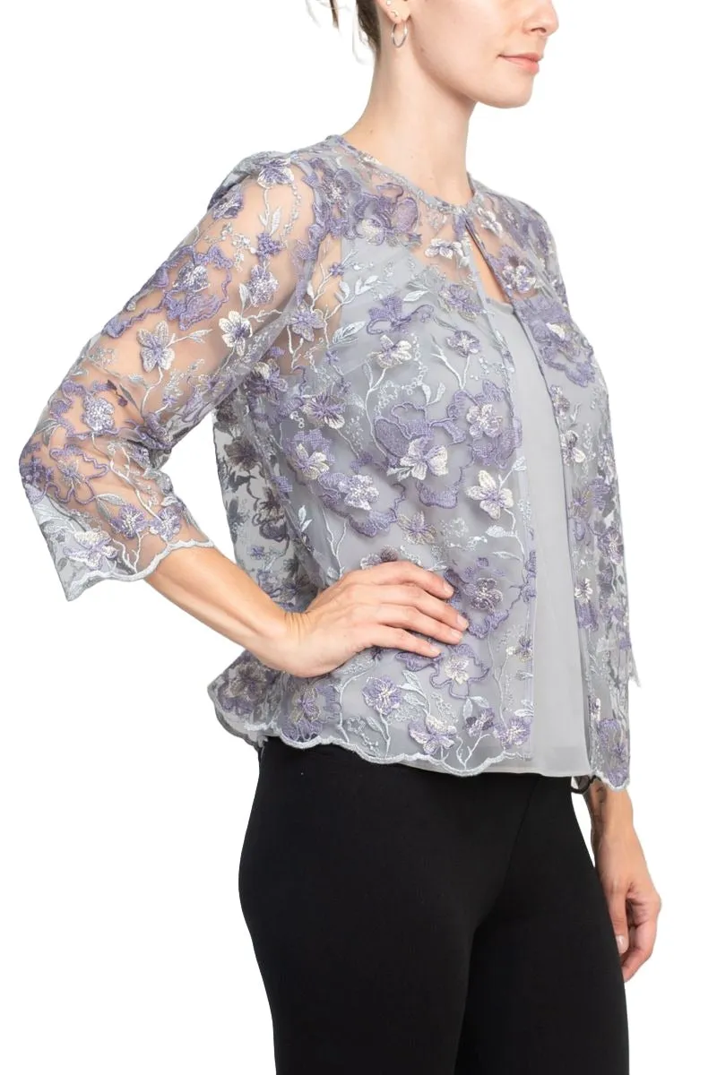 3/4 Sleeve Embroidered Twinset with Solid Cami and Hook Neck Closure Jacket