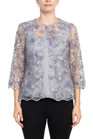 3/4 Sleeve Embroidered Twinset with Solid Cami and Hook Neck Closure Jacket