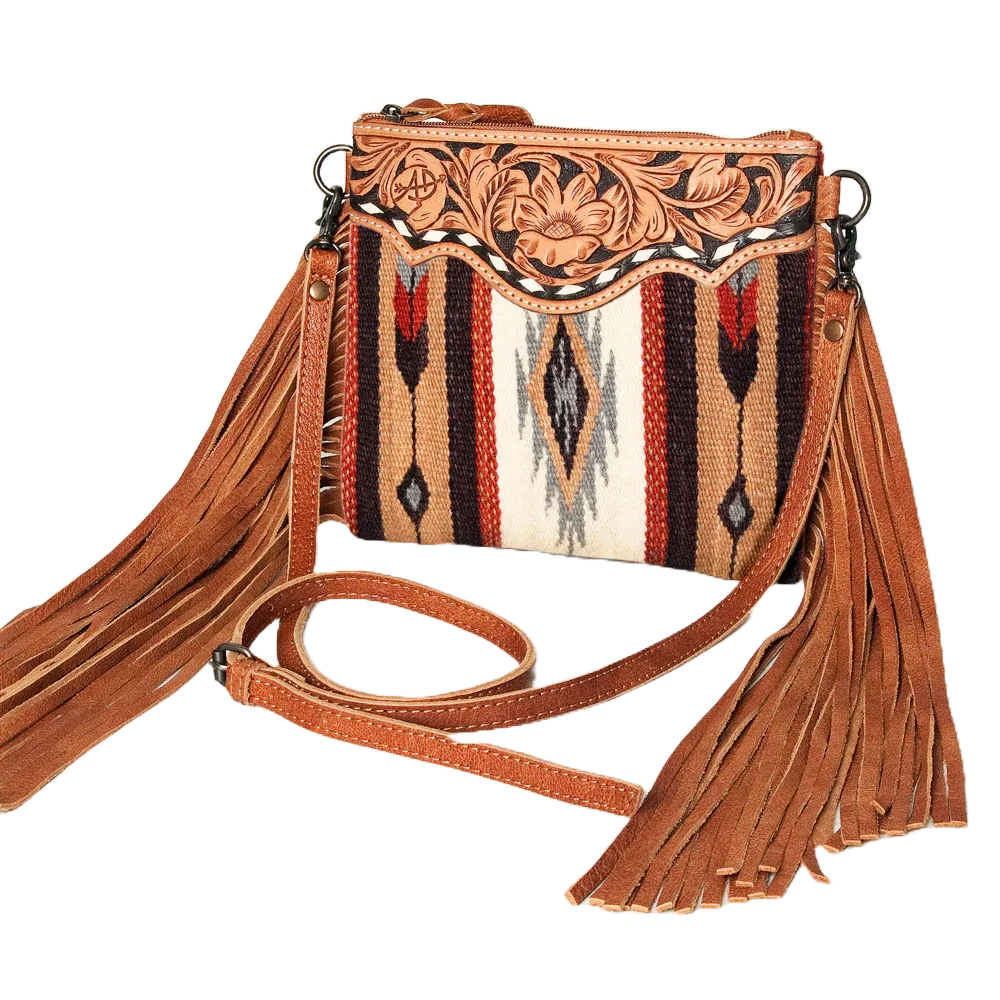 American Darling Hand Tooled Weaved Wool Fringe Tan Purse ADBG236AK