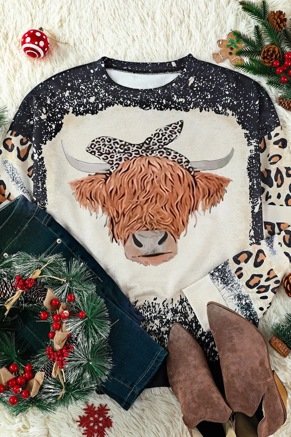 Bleached Leopard Bull Head Western Graphic Sweatshirt