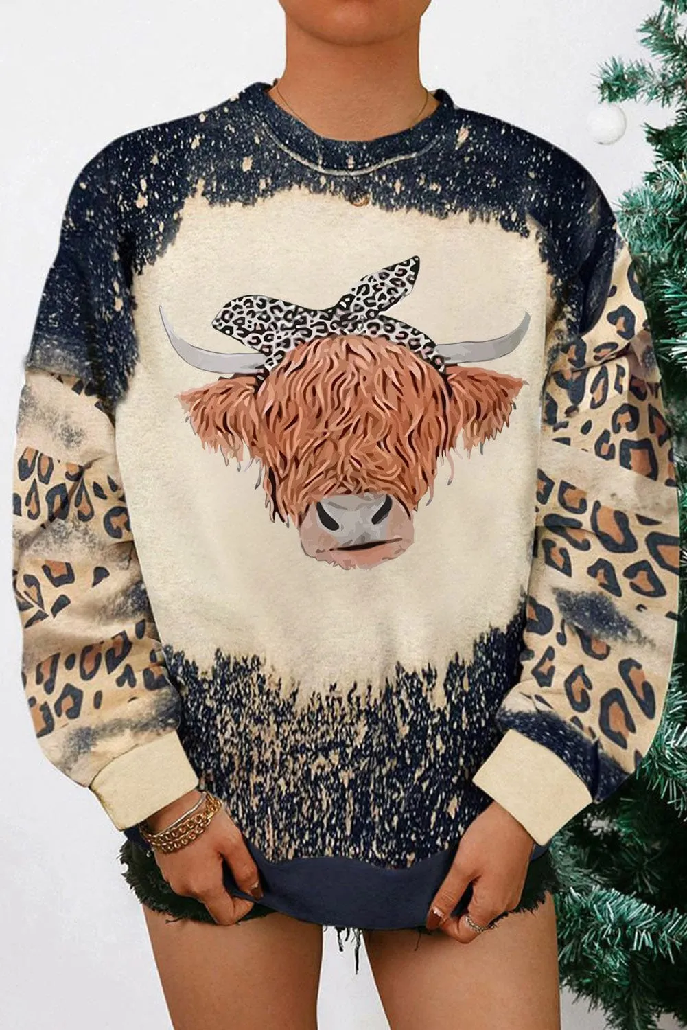 Bleached Leopard Bull Head Western Graphic Sweatshirt