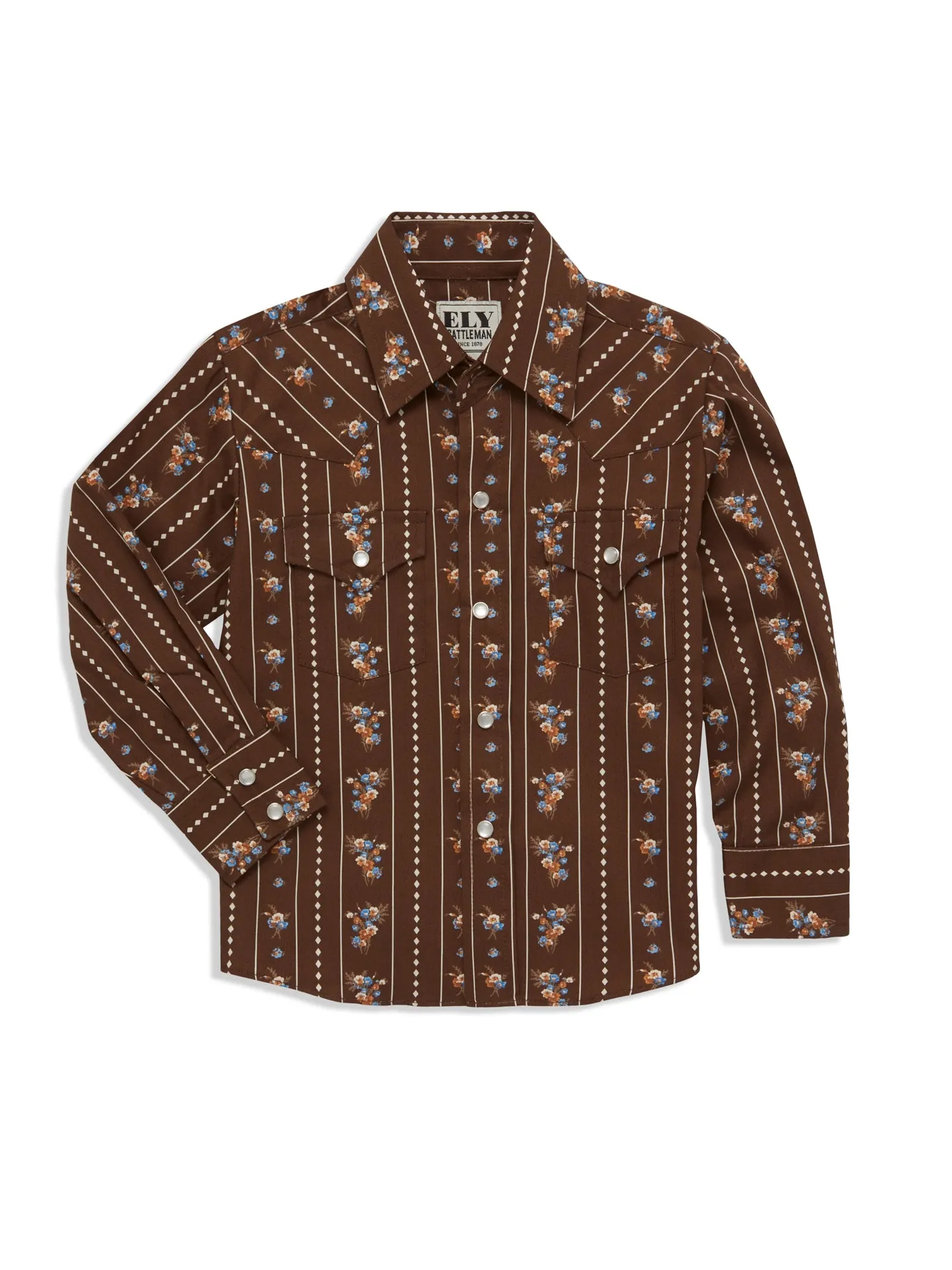 Boy's Ely Cattleman Long Sleeve Floral Stripe Print Snap Shirt- Brown & White