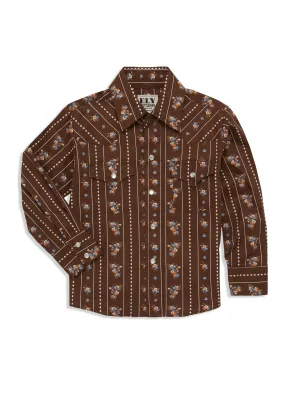 Boy's Ely Cattleman Long Sleeve Floral Stripe Print Snap Shirt- Brown & White
