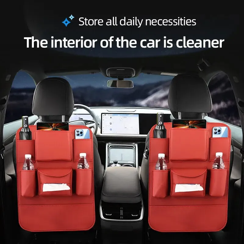 Car Seat Back Organizer Universal Hanging Storage Bag For Auto Pu Leather Cup Phone Tissue Pockets Protector