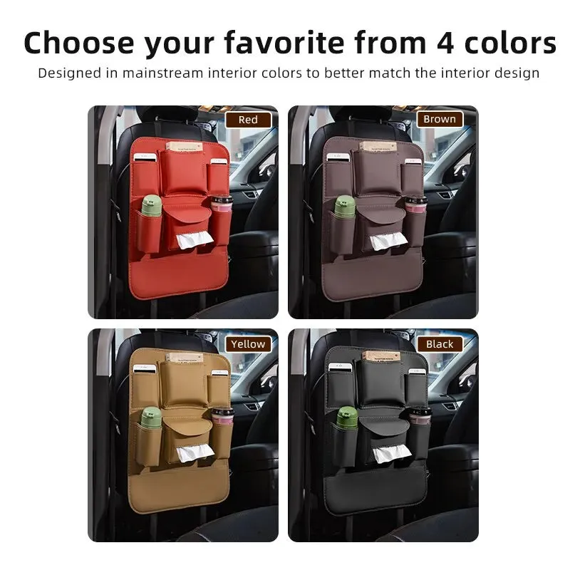 Car Seat Back Organizer Universal Hanging Storage Bag For Auto Pu Leather Cup Phone Tissue Pockets Protector