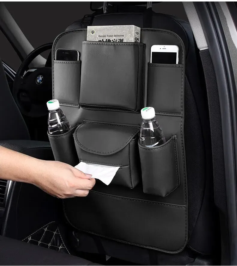 Car Seat Back Organizer Universal Hanging Storage Bag For Auto Pu Leather Cup Phone Tissue Pockets Protector