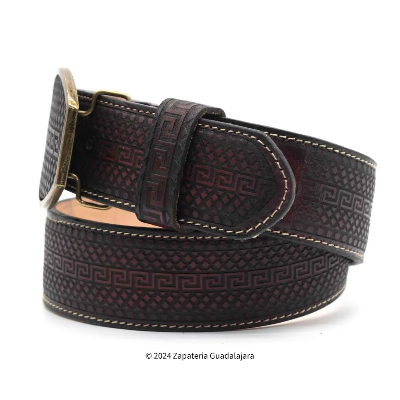 H070 MEN WESTERN 2" LASER LEATHER BELT BLACK CHERRY
