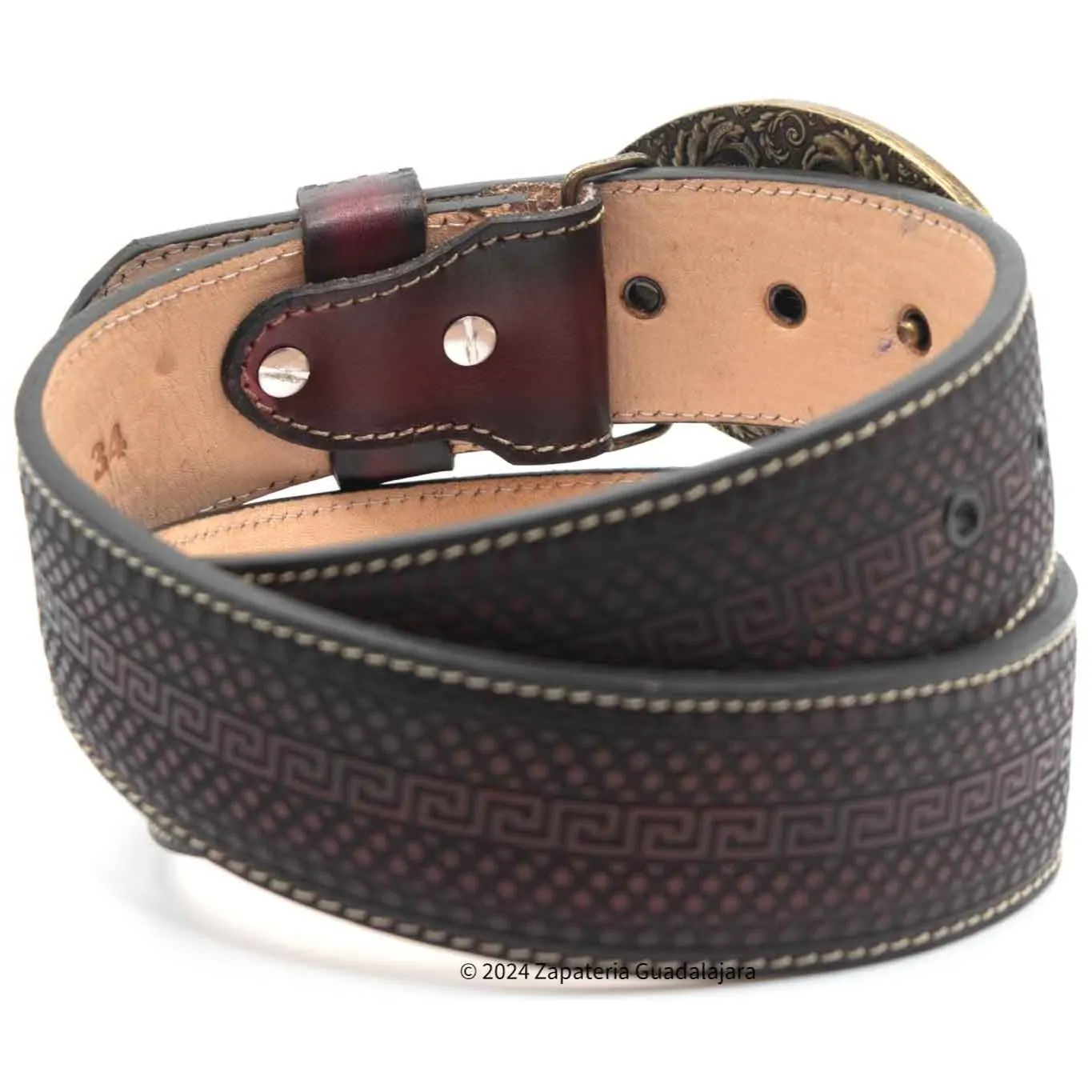 H070 MEN WESTERN 2" LASER LEATHER BELT BLACK CHERRY