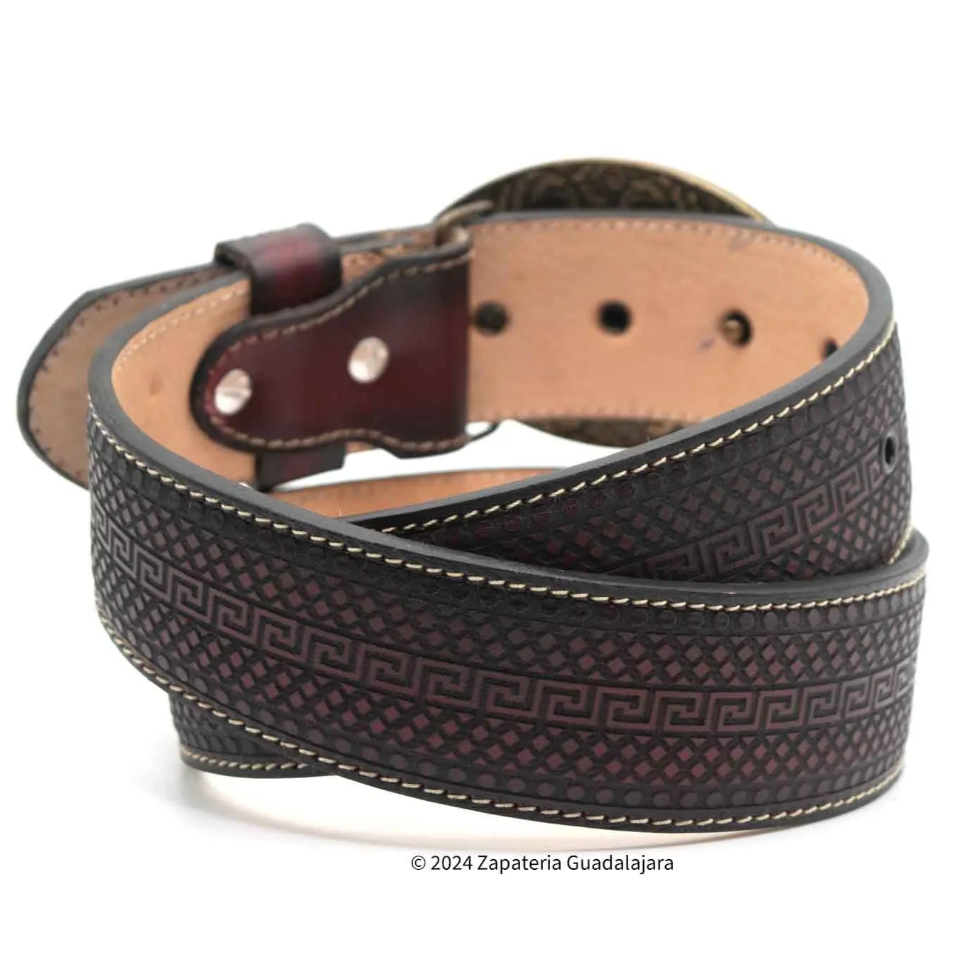 H070 MEN WESTERN 2" LASER LEATHER BELT BLACK CHERRY