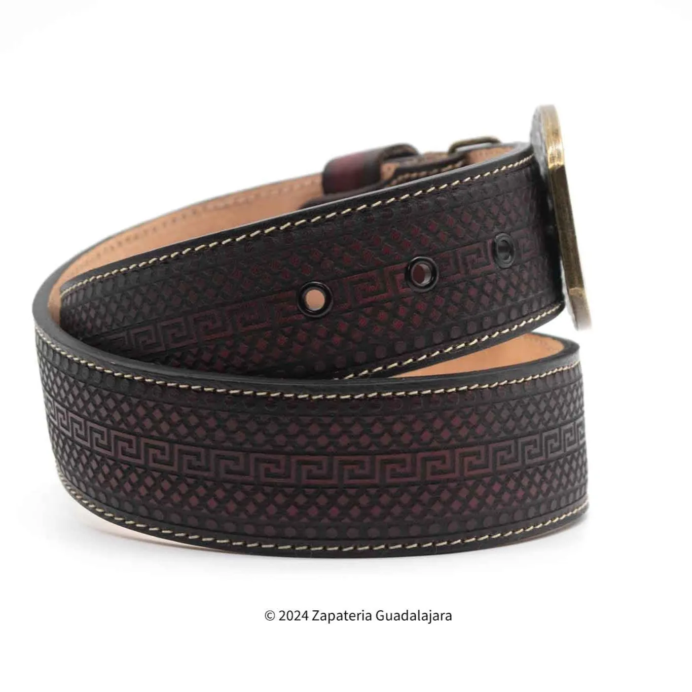 H070 MEN WESTERN 2" LASER LEATHER BELT BLACK CHERRY