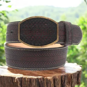 H070 MEN WESTERN 2" LASER LEATHER BELT BLACK CHERRY