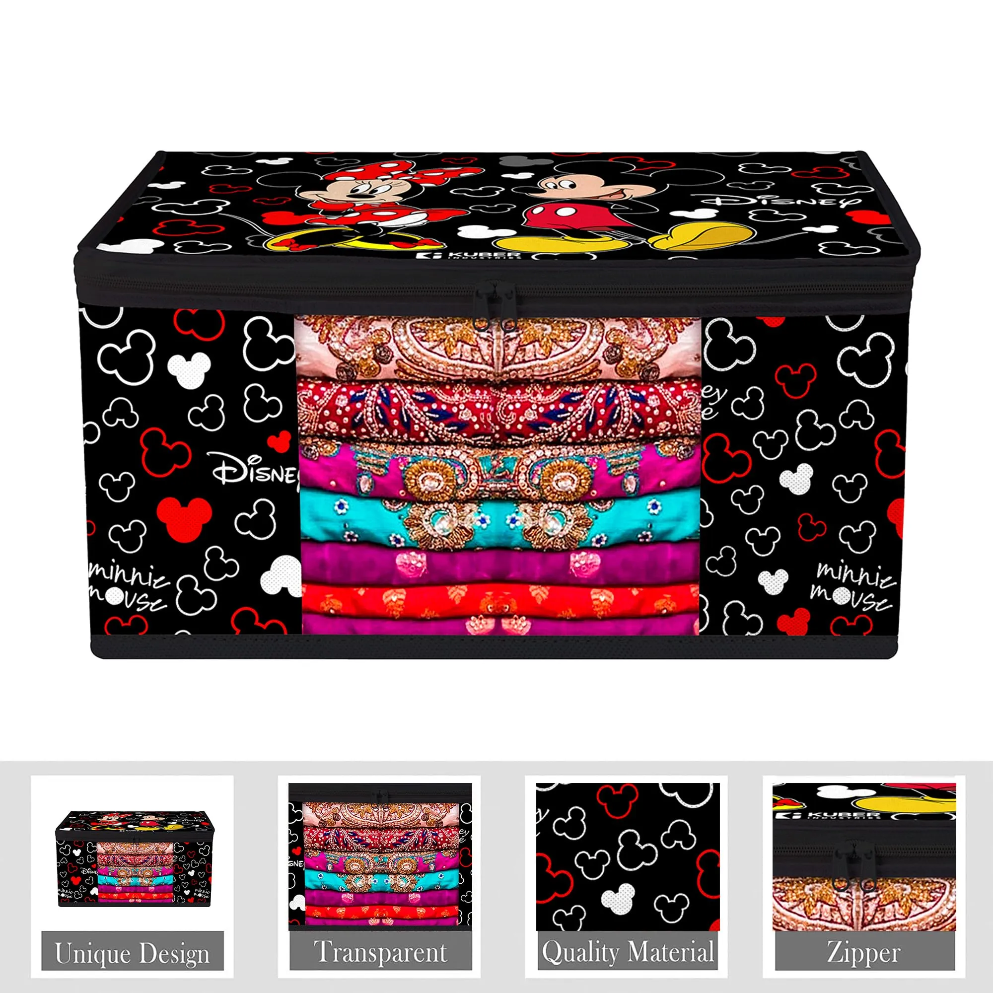 Heart Home Saree Cover | Zip Closure Saree Cover | Clothes Storage Bag | Wardrobe Organiser | Transparent Window Saree Cover | Disney Mickey-Print | 9 inch | Pack of 6 | Black