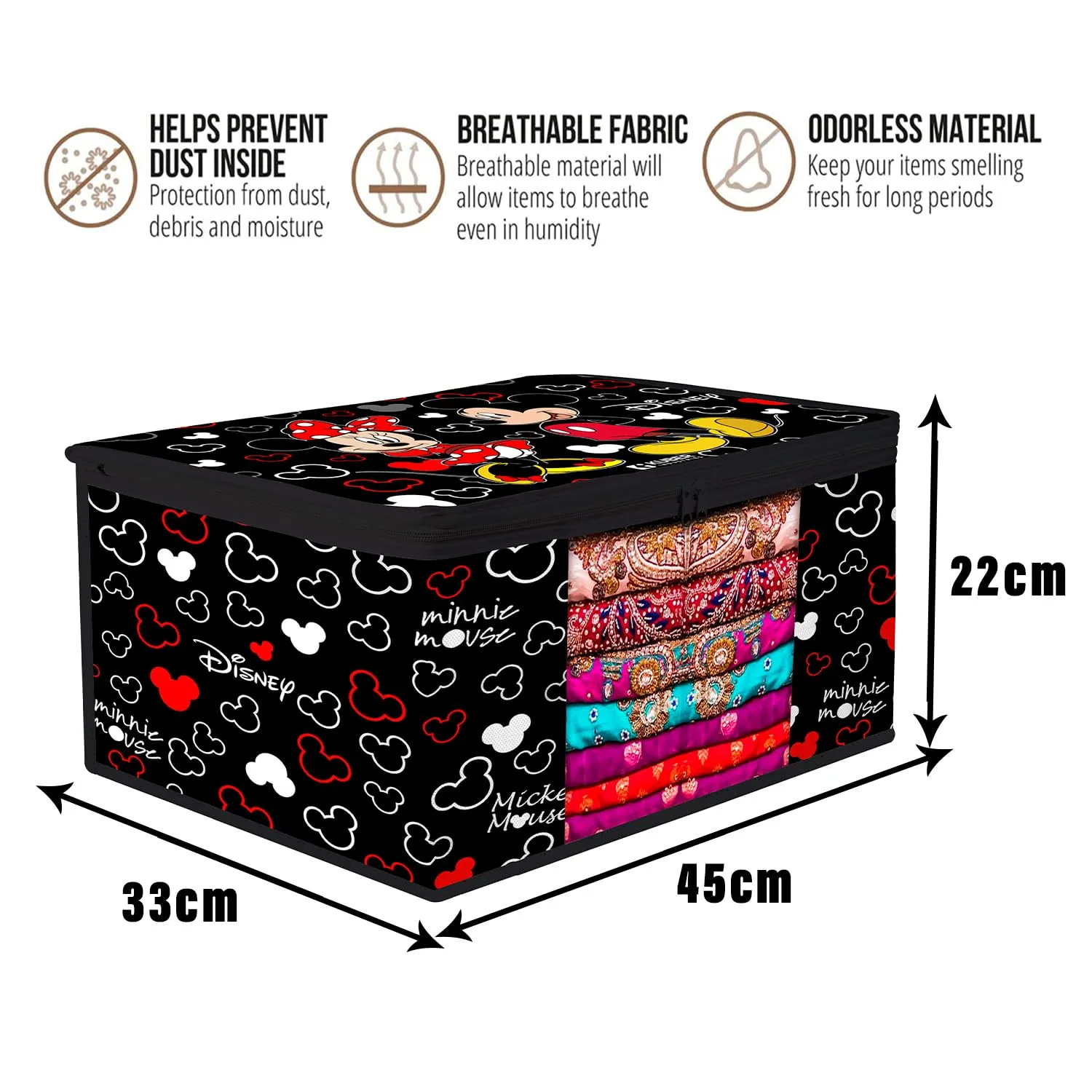 Heart Home Saree Cover | Zip Closure Saree Cover | Clothes Storage Bag | Wardrobe Organiser | Transparent Window Saree Cover | Disney Mickey-Print | 9 inch | Pack of 6 | Black