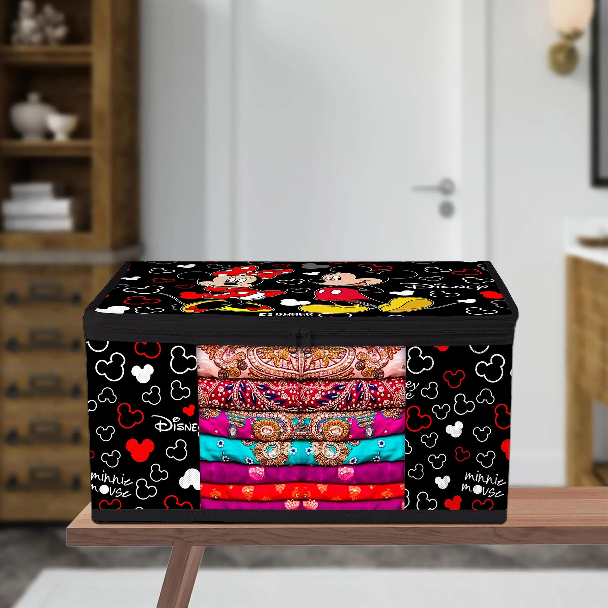 Heart Home Saree Cover | Zip Closure Saree Cover | Clothes Storage Bag | Wardrobe Organiser | Transparent Window Saree Cover | Disney Mickey-Print | 9 inch | Pack of 6 | Black