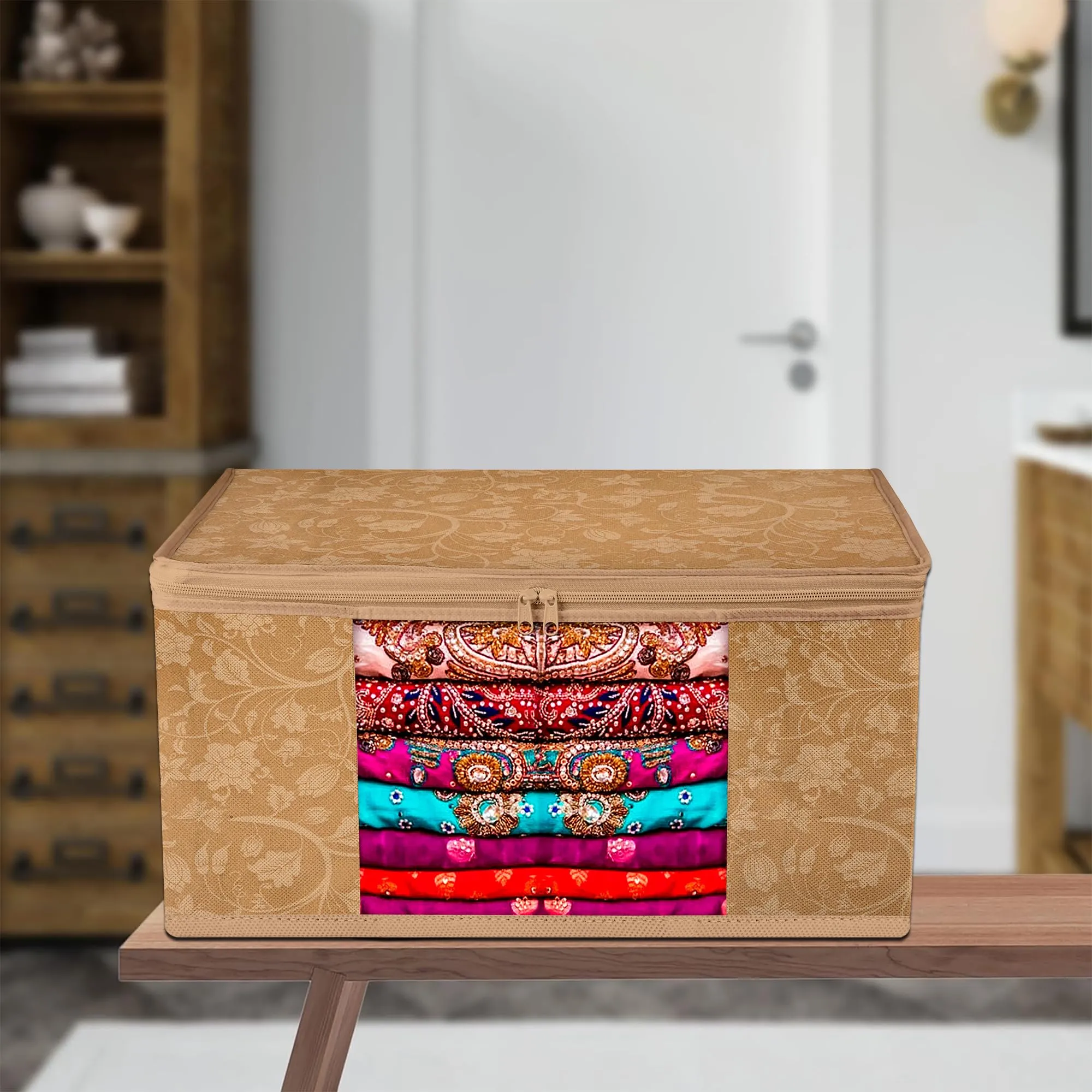 Heart Home Saree Cover | Zip Closure Saree Cover | Clothes Storage Bag | Wardrobe Organiser | Transparent Window Saree Cover | New Flower-Design | 9 inch | Pack of 6 | Brown