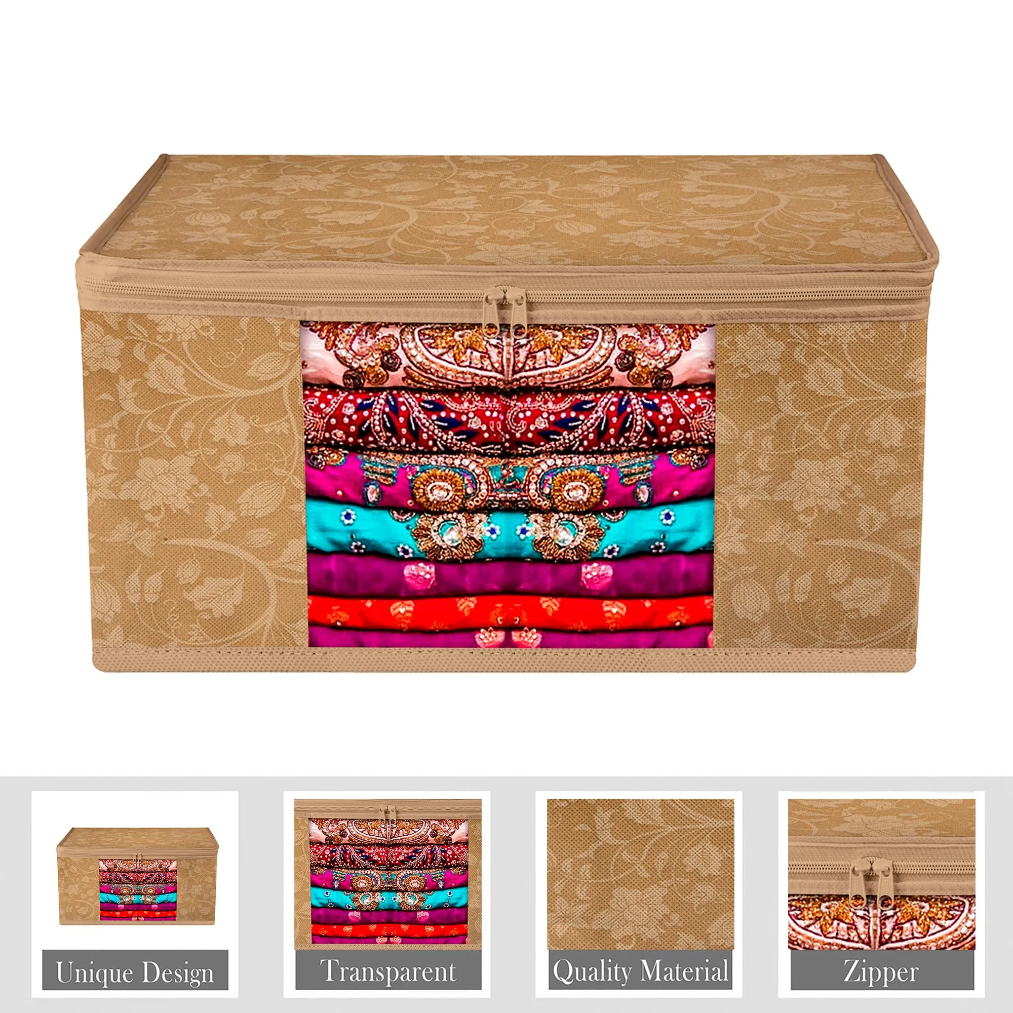 Heart Home Saree Cover | Zip Closure Saree Cover | Clothes Storage Bag | Wardrobe Organiser | Transparent Window Saree Cover | New Flower-Design | 9 inch | Pack of 6 | Brown