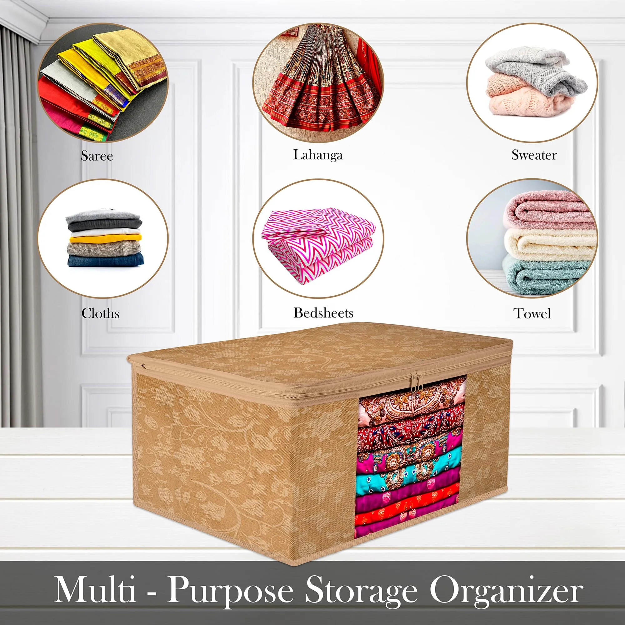 Heart Home Saree Cover | Zip Closure Saree Cover | Clothes Storage Bag | Wardrobe Organiser | Transparent Window Saree Cover | New Flower-Design | 9 inch | Pack of 6 | Brown