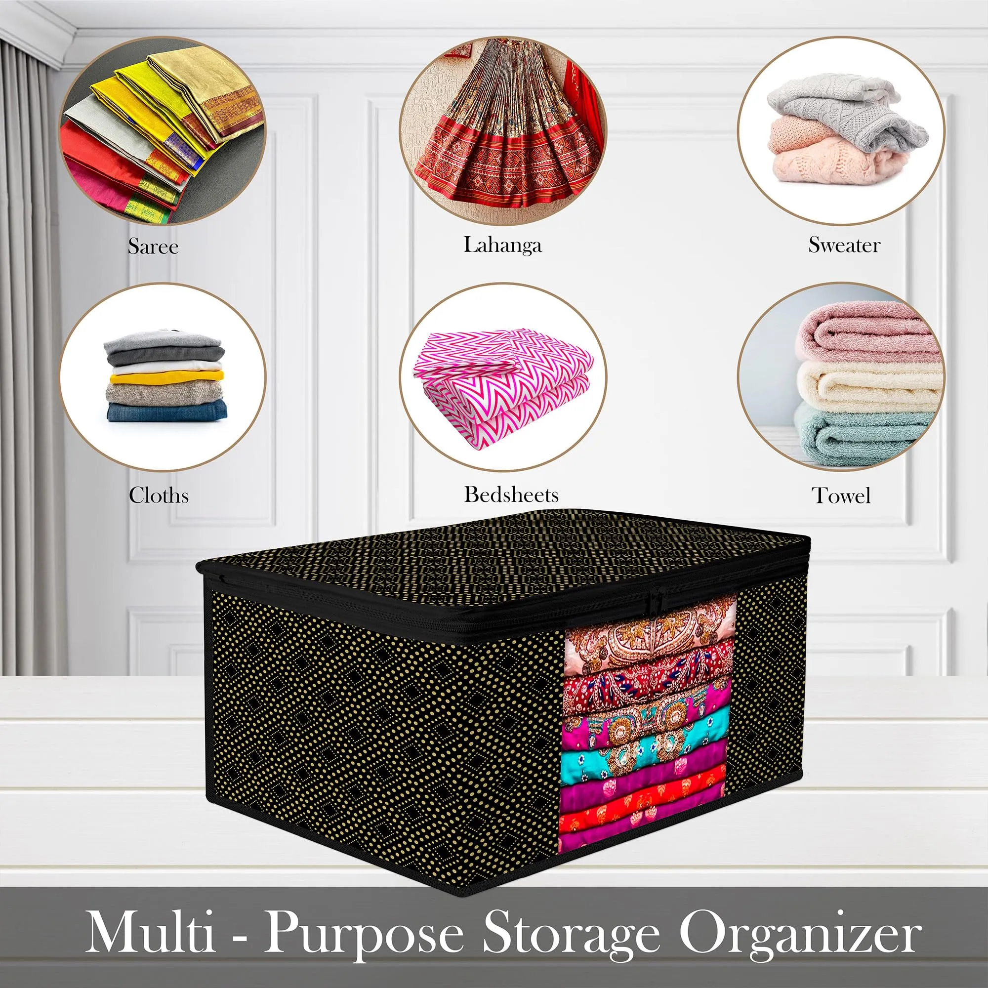 Heart Home Saree Cover | Zip Closure Saree Cover | Clothes Storage Bag | Wardrobe Organizer | Transparent Window Saree Cover | Bow Dot Golden | 9 Inch | Pack of 3 | Black