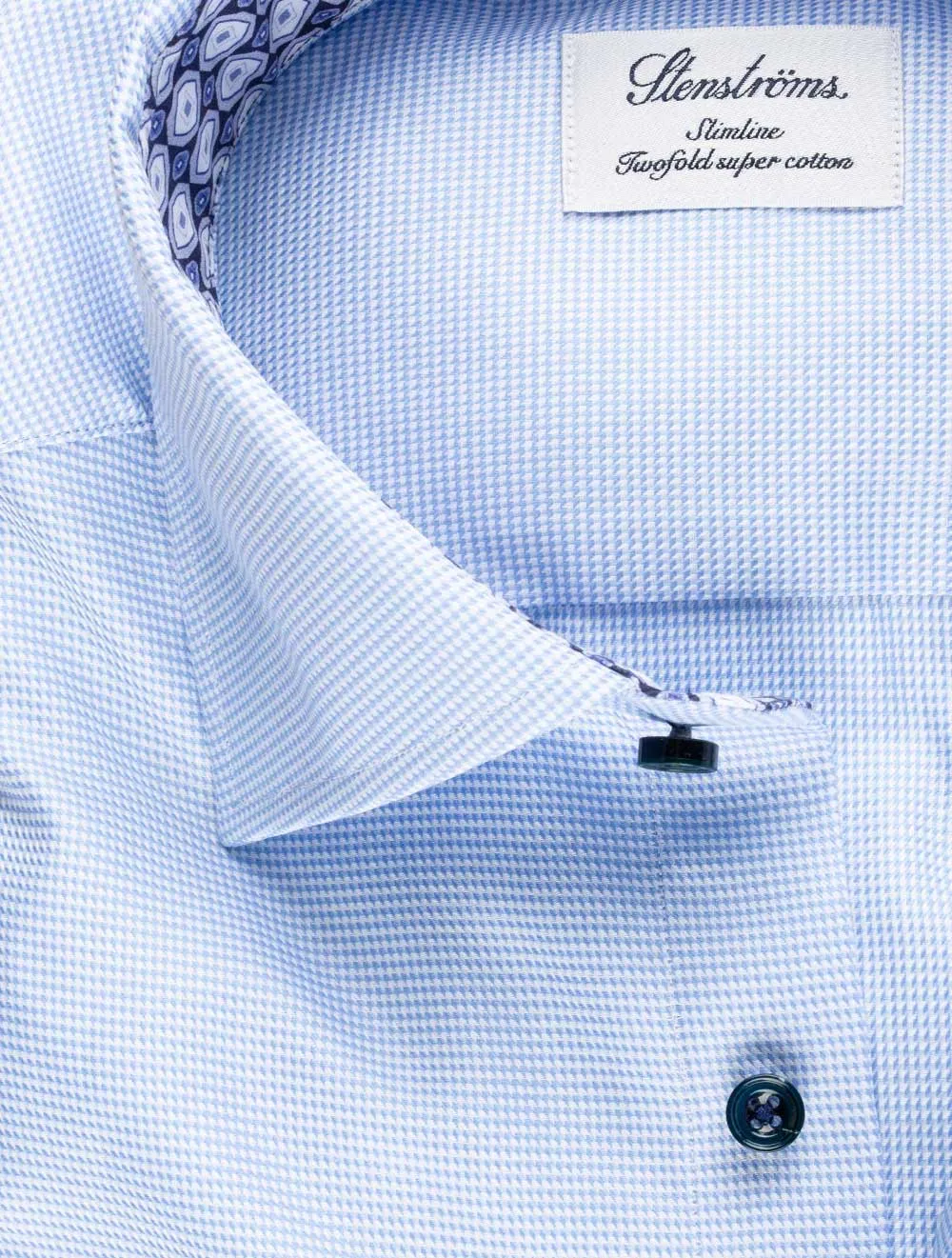 Houndstooth Slimline Shirt with Geometric Contrast Inlay Blue