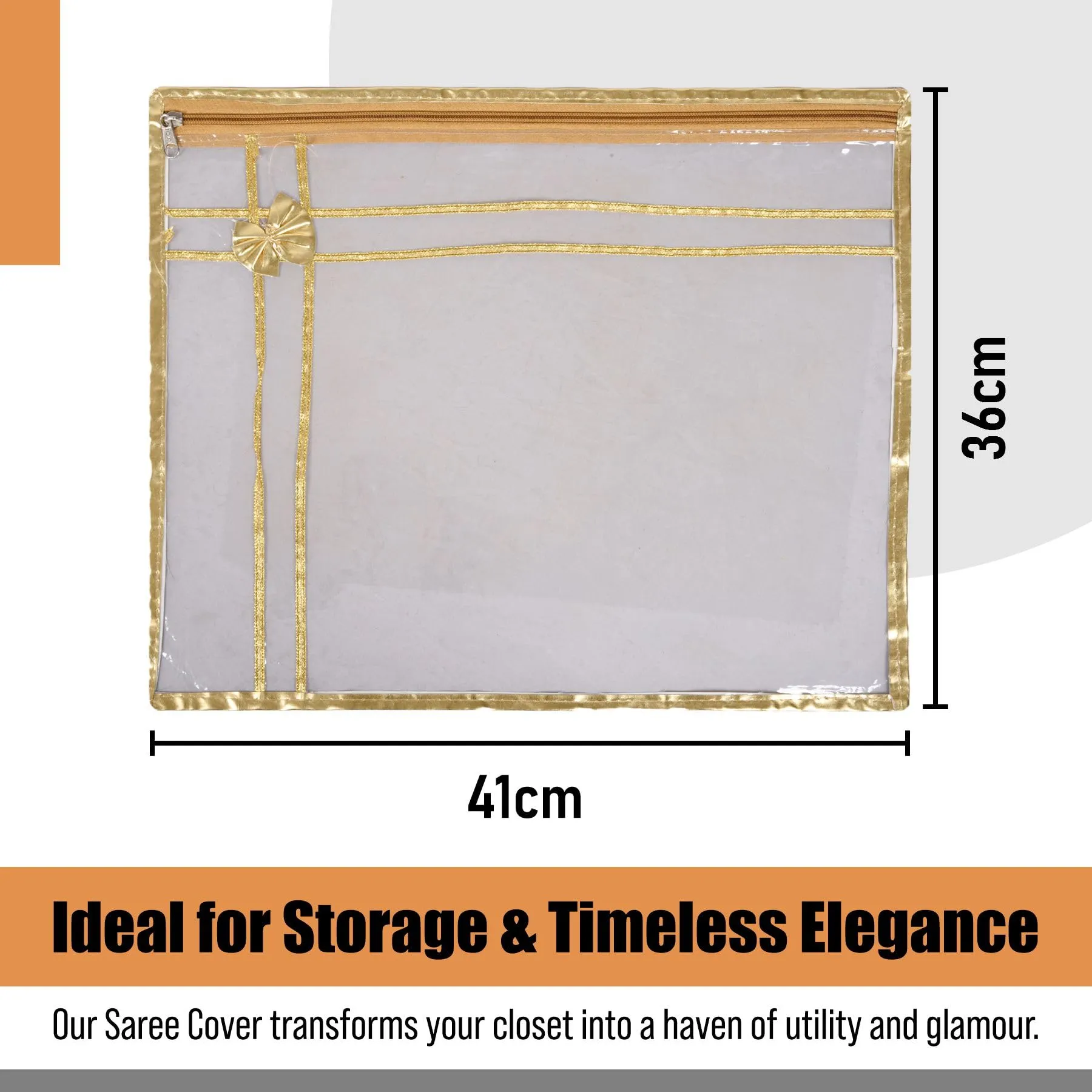 Kuber Industries Saree Cover | Clothes Storage Bag | Single Packing Saree with Zip Closure | Wardrobe Organizer | Cloth Stoarge Organizer | Bow Design with Golden Border | Pack of 9 | Transparent