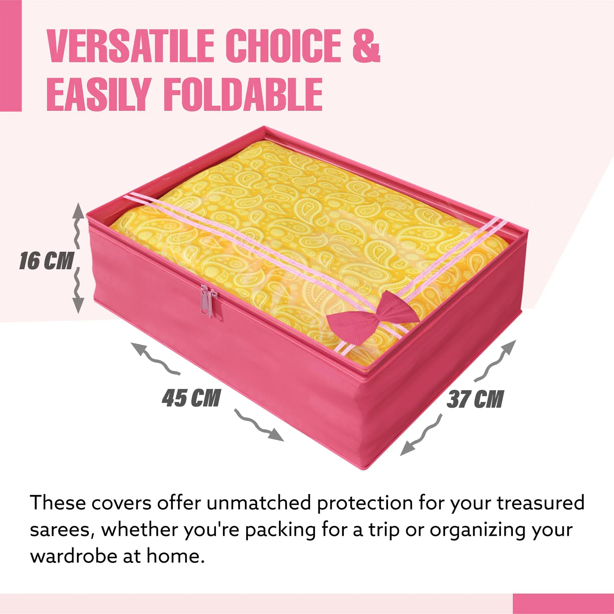 Kuber Industries Saree Cover | Clothes Storage Bag | Storage Organizer Bag | Zip Closure Saree Cover | Wardrobe Organizer | Bow-Design | 6 Inch | Pack of 3 | Pink