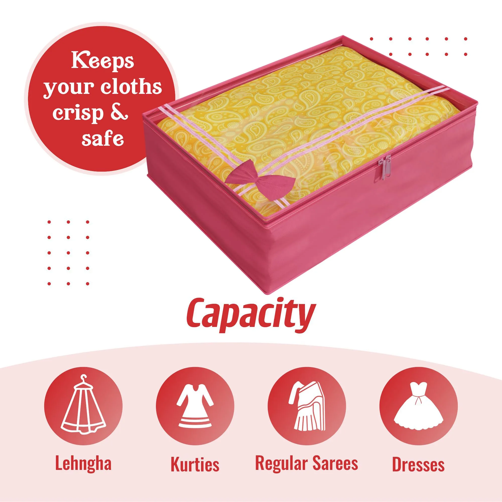Kuber Industries Saree Cover | Clothes Storage Bag | Storage Organizer Bag | Zip Closure Saree Cover | Wardrobe Organizer | Bow-Design | 6 Inch | Pack of 3 | Pink