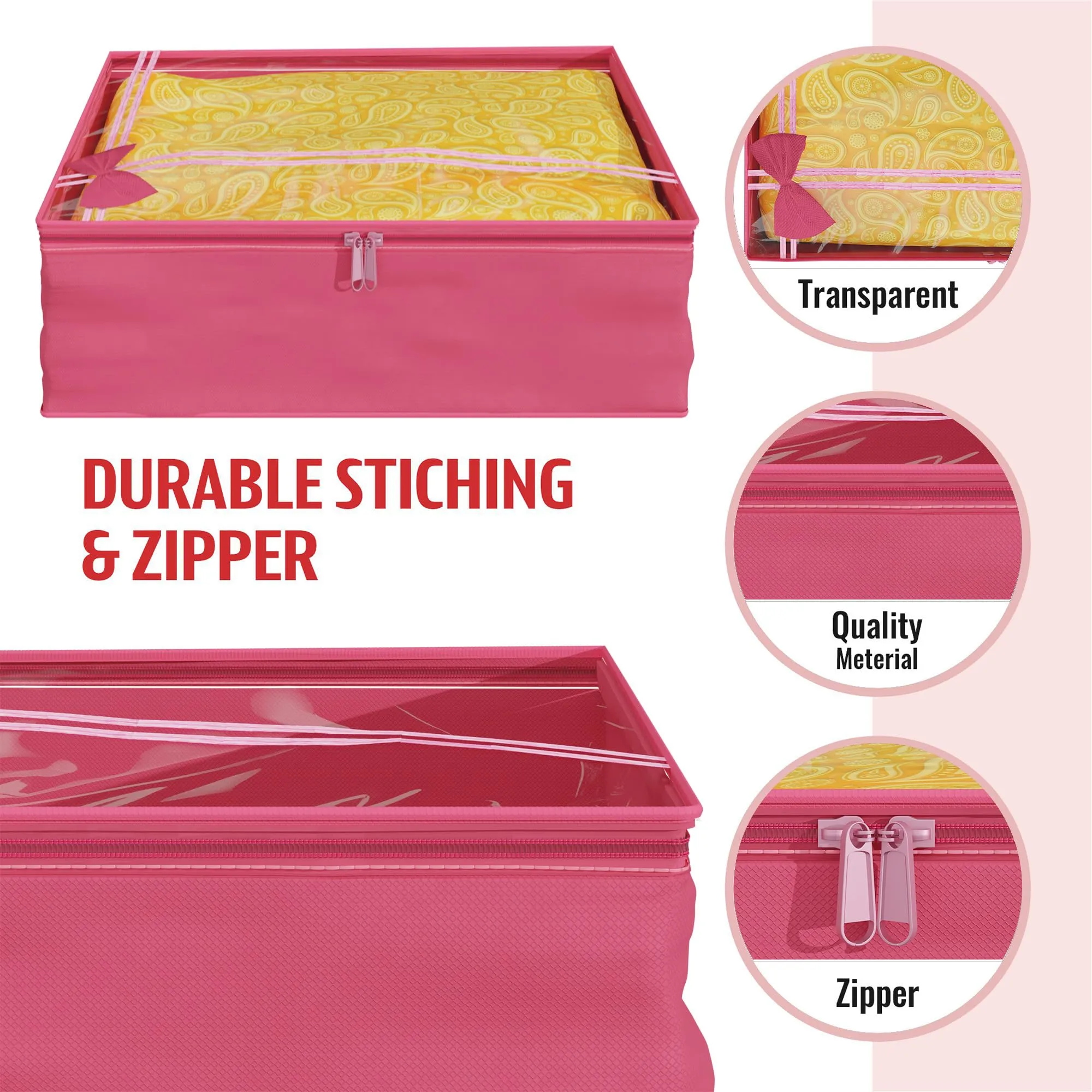 Kuber Industries Saree Cover | Clothes Storage Bag | Storage Organizer Bag | Zip Closure Saree Cover | Wardrobe Organizer | Bow-Design | 6 Inch | Pack of 3 | Pink
