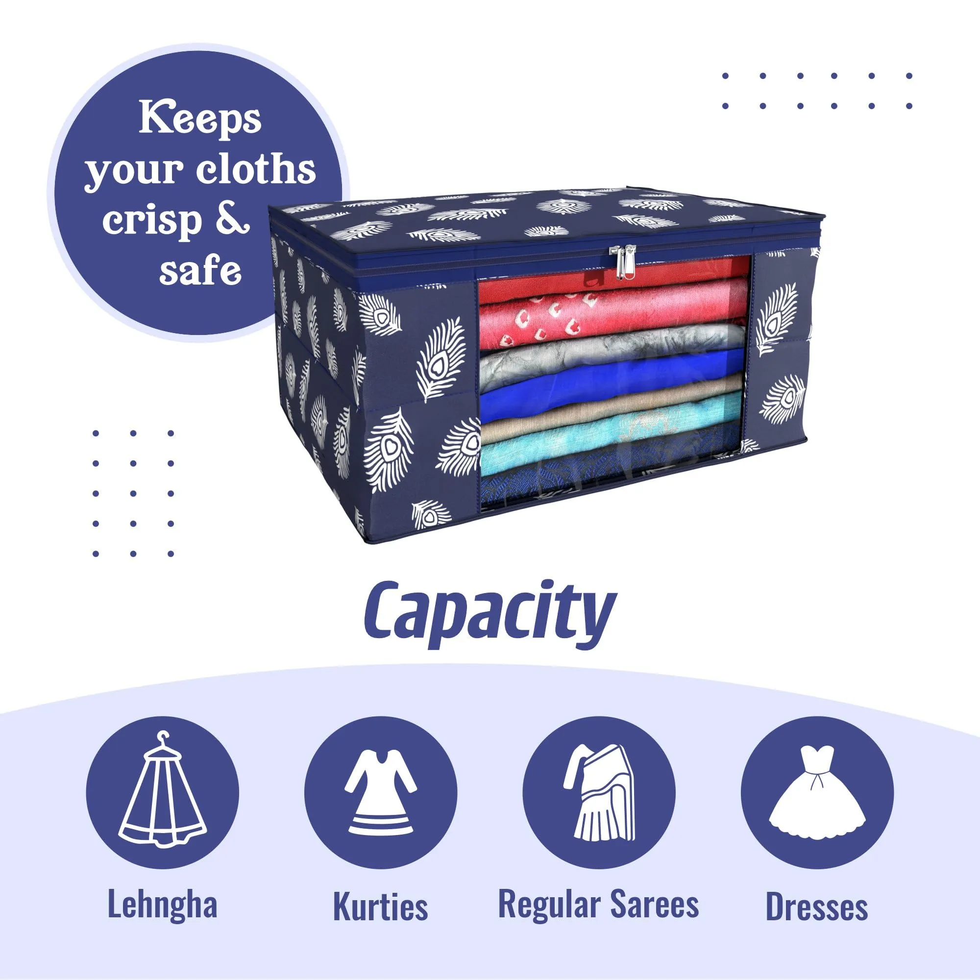 Kuber Industries Saree Cover | Clothes Storage Bag | Storage Organizer Bag | Zip Closure Saree Cover | Wardrobe Organizer | Peacock Feather-Design | 6 Inch | Pack of 2 | Navy Blue
