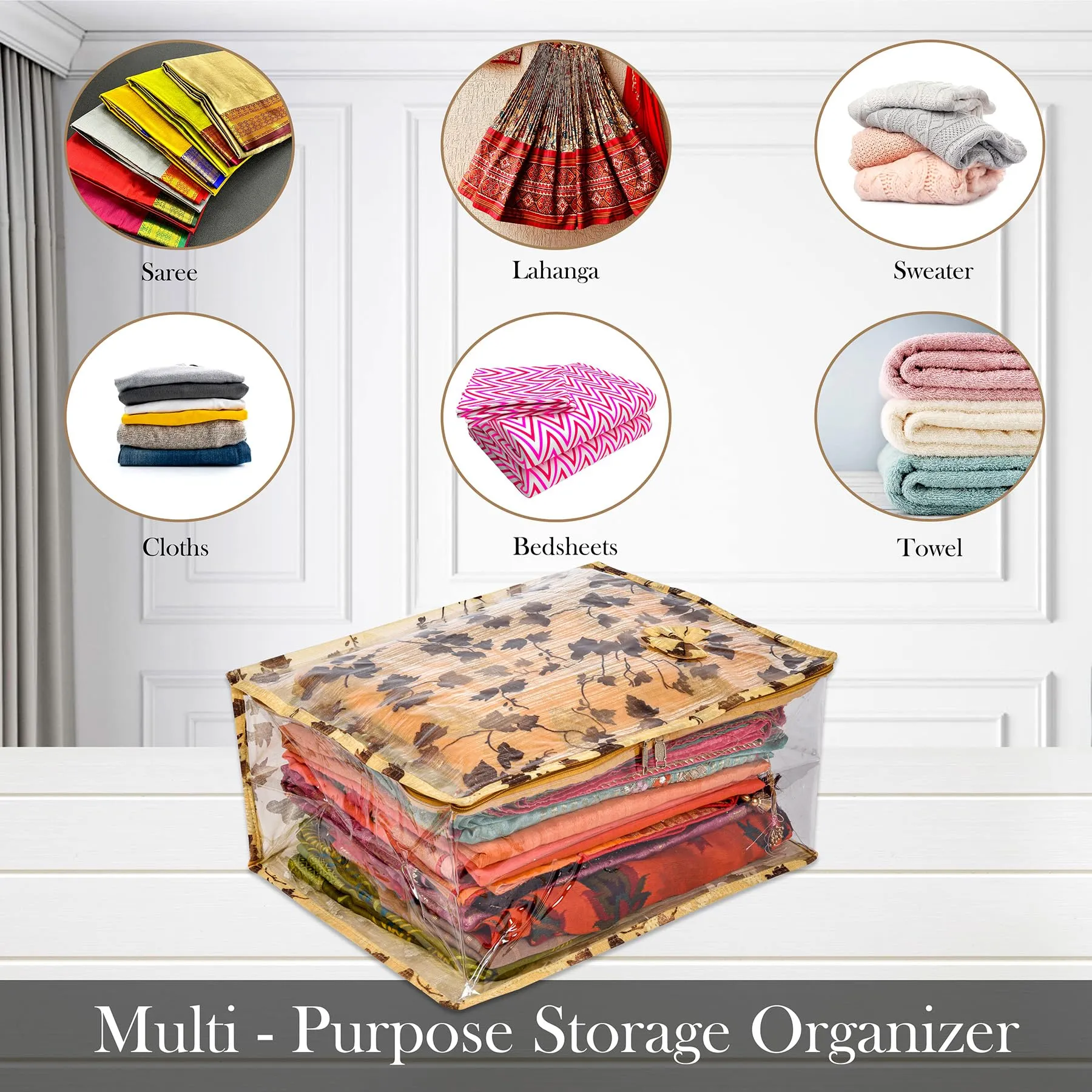 Kuber Industries Saree Cover | Zip Closure Saree Cover | Clothes Storage Bag | Wardrobe Organiser for Suit | Side Transparent Saree Cover | Bow-Leaf-Design | 9 inch | Pack of 2 | Golden