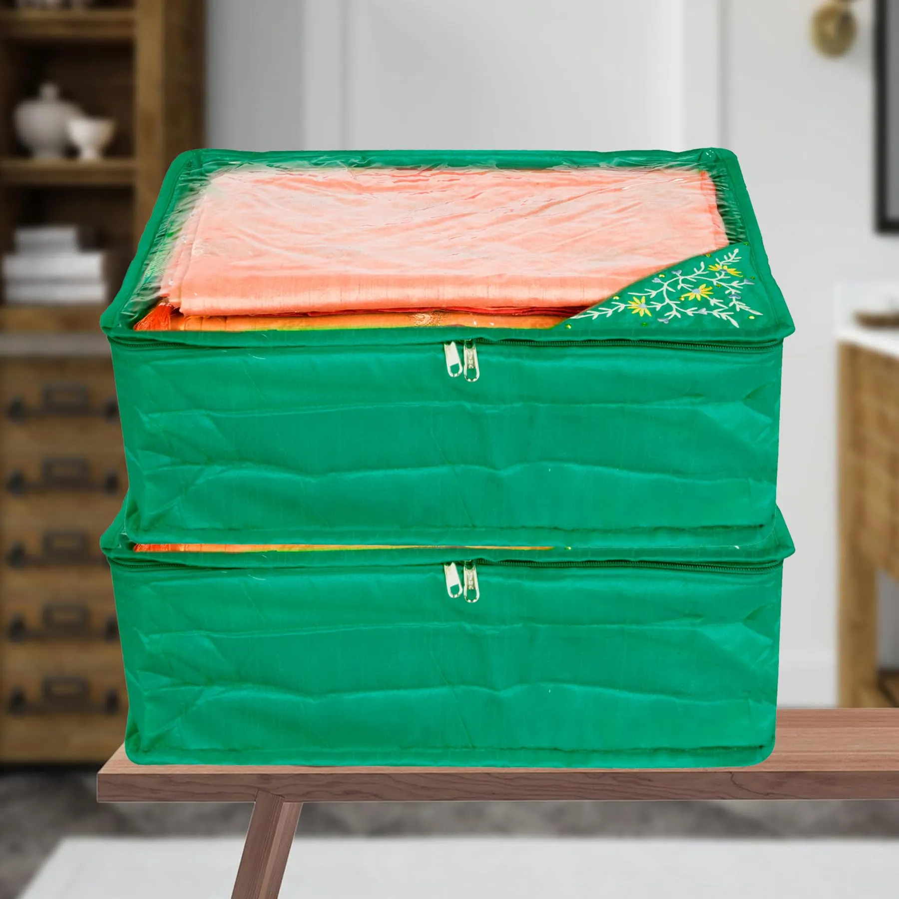 Kuber Industries Saree Cover | Zip Closure Saree Cover | Clothes Storage Bag | Wardrobe Organiser for Suit | Transparent Top Saree Cover | Side Embroidery-Design | 9 inch | Green