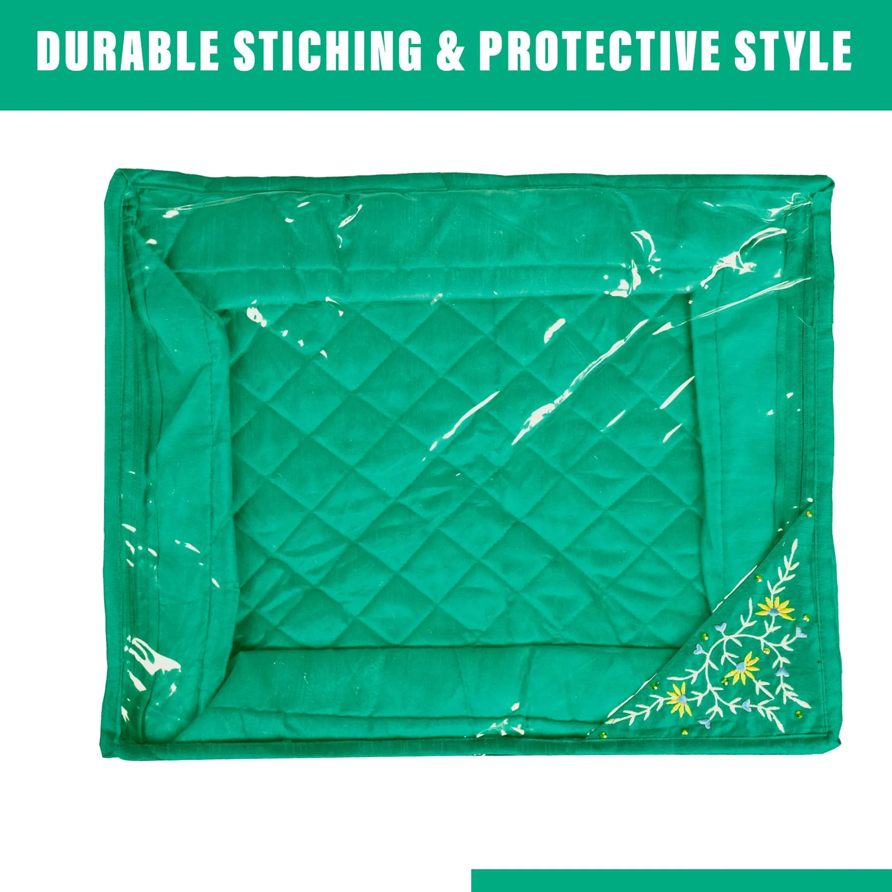 Kuber Industries Saree Cover | Zip Closure Saree Cover | Clothes Storage Bag | Wardrobe Organiser for Suit | Transparent Top Saree Cover | Side Embroidery-Design | 9 inch | Green