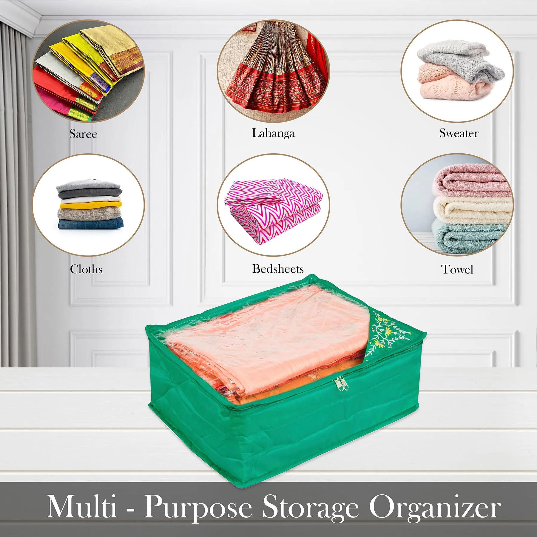 Kuber Industries Saree Cover | Zip Closure Saree Cover | Clothes Storage Bag | Wardrobe Organiser for Suit | Transparent Top Saree Cover | Side Embroidery-Design | 9 inch | Green