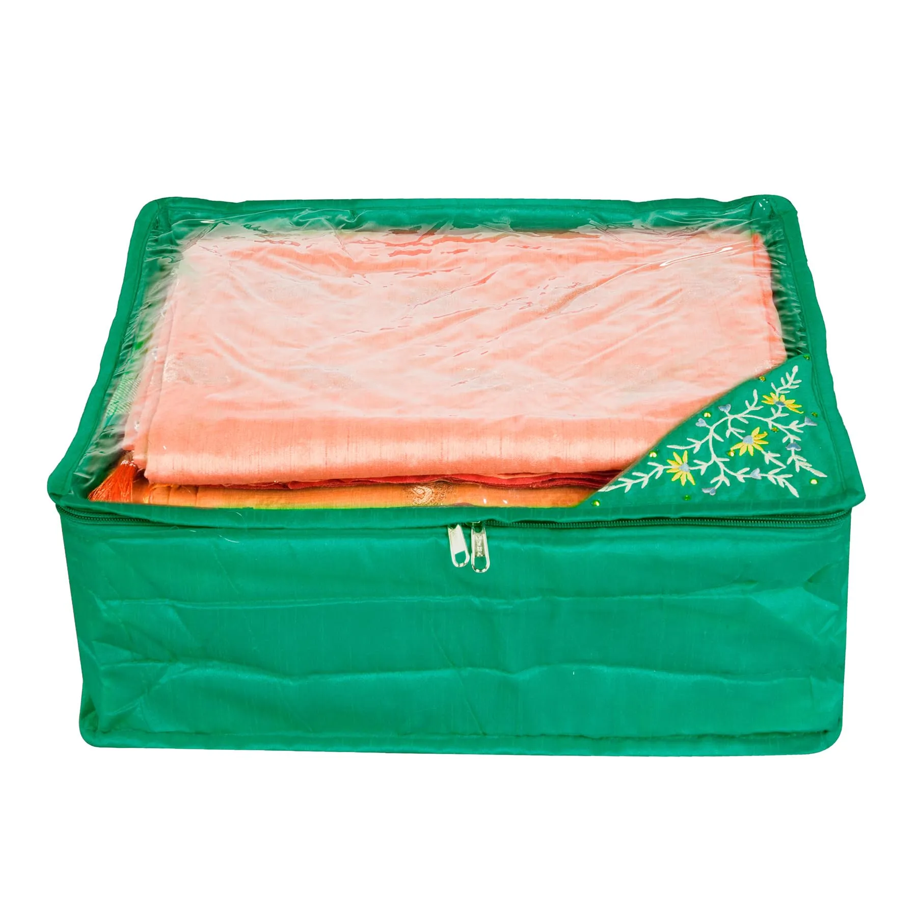 Kuber Industries Saree Cover | Zip Closure Saree Cover | Clothes Storage Bag | Wardrobe Organiser for Suit | Transparent Top Saree Cover | Side Embroidery-Design | 9 inch | Green