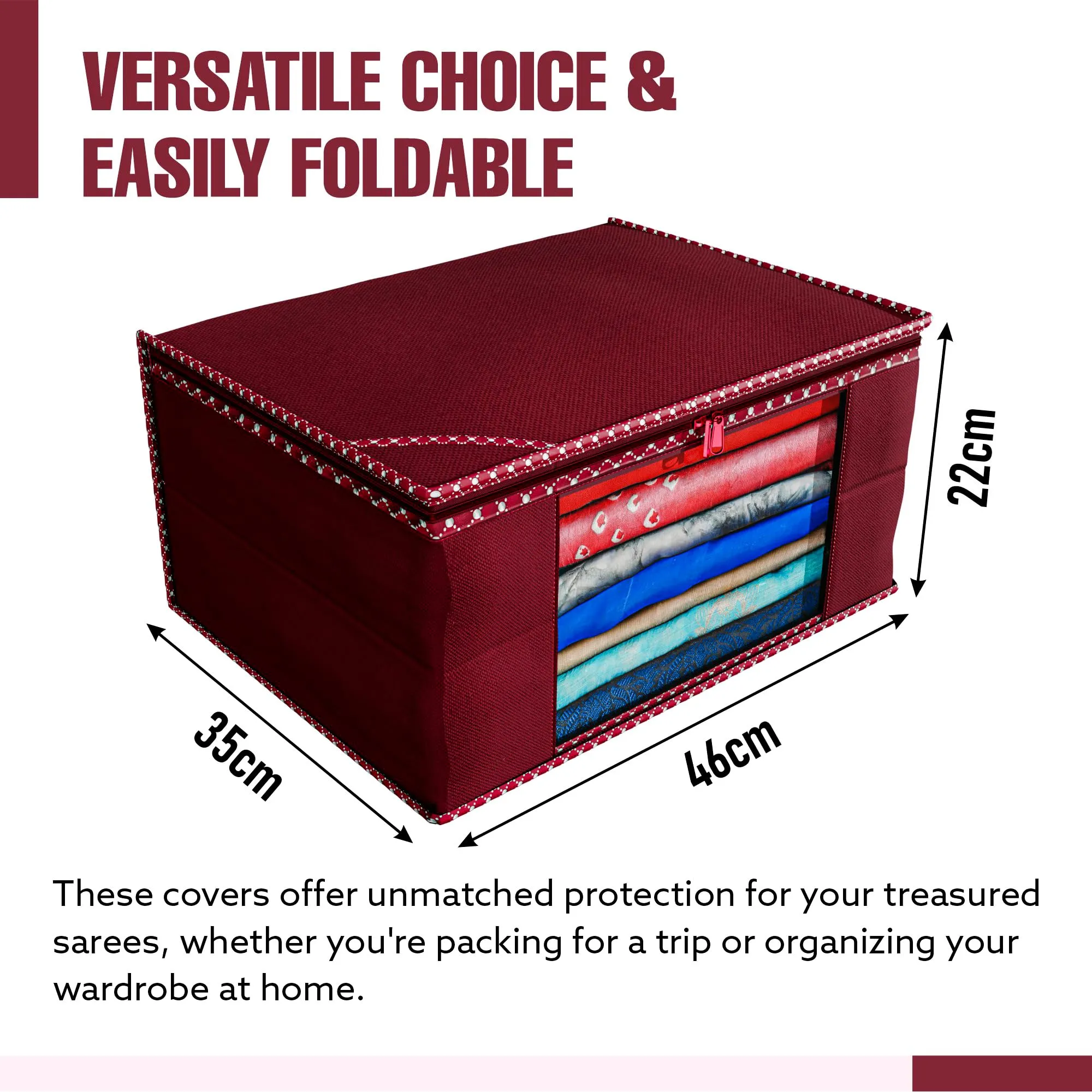 Kuber Industries Saree Cover | Zip Closure Saree Cover | Clothes Storage Bag | Wardrobe Organiser for Suit | Transparent Window Saree Cover | Dot Border-Design | 9 inch | Pack of 12 | Maroon