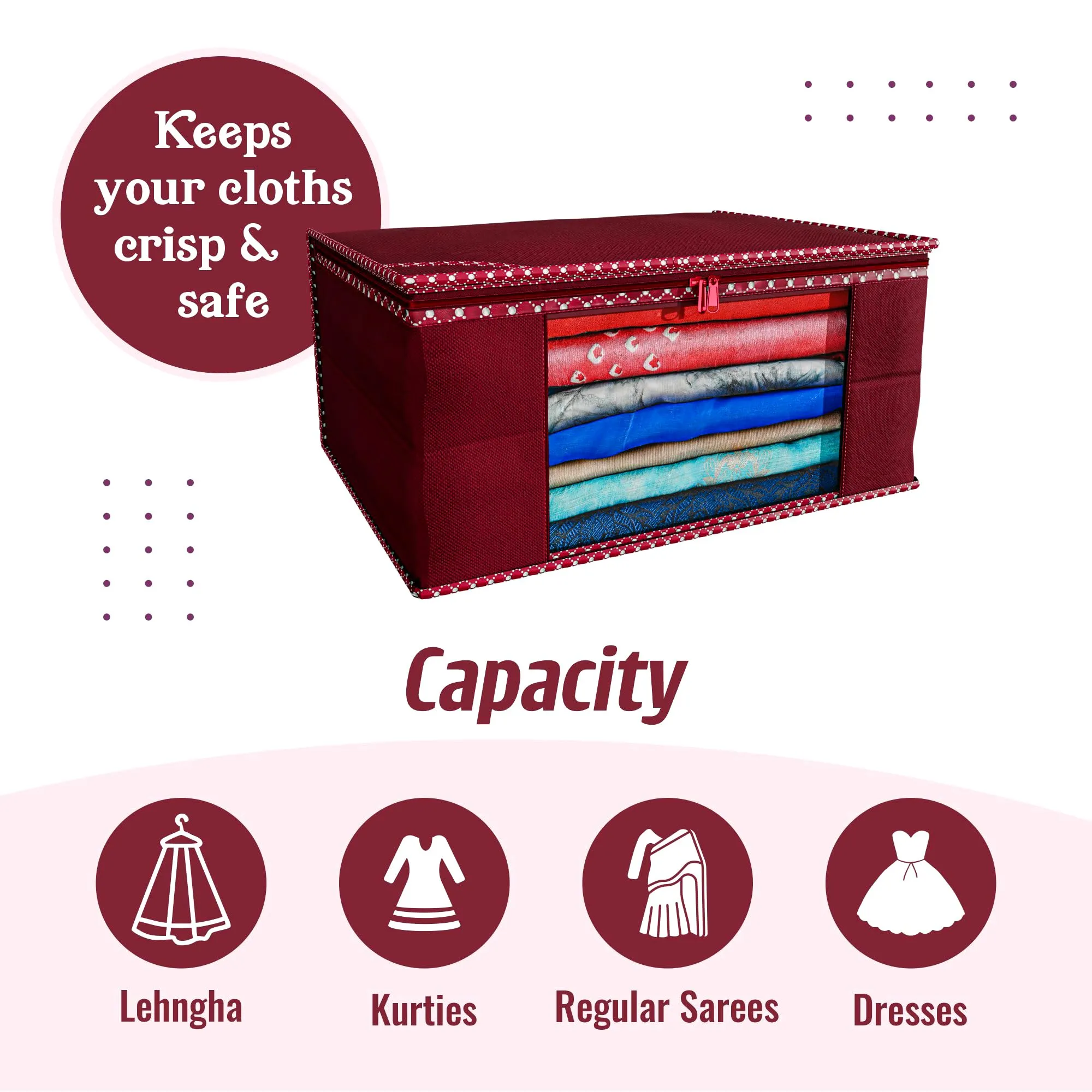Kuber Industries Saree Cover | Zip Closure Saree Cover | Clothes Storage Bag | Wardrobe Organiser for Suit | Transparent Window Saree Cover | Dot Border-Design | 9 inch | Pack of 12 | Maroon
