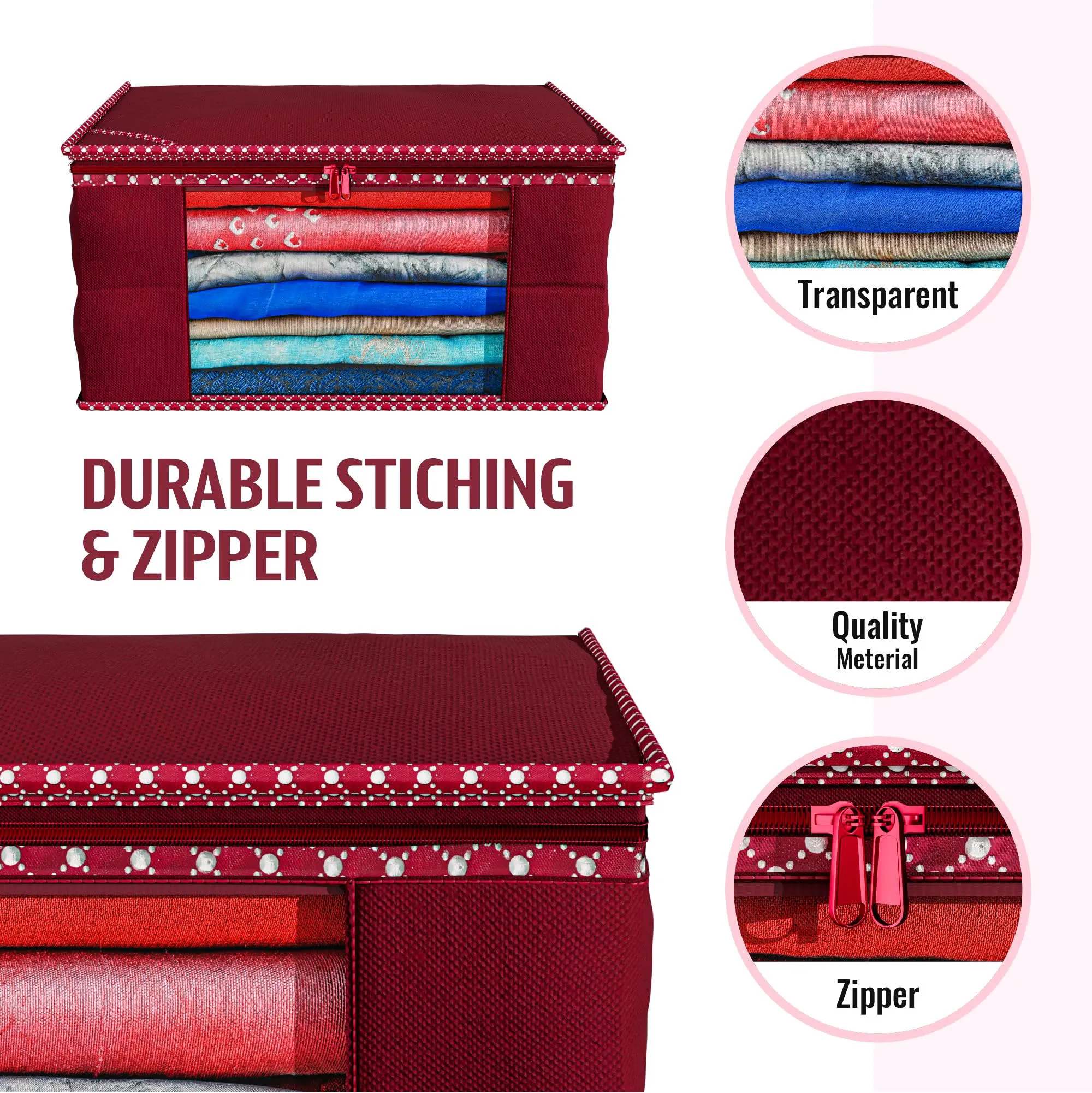 Kuber Industries Saree Cover | Zip Closure Saree Cover | Clothes Storage Bag | Wardrobe Organiser for Suit | Transparent Window Saree Cover | Dot Border-Design | 9 inch | Pack of 12 | Maroon