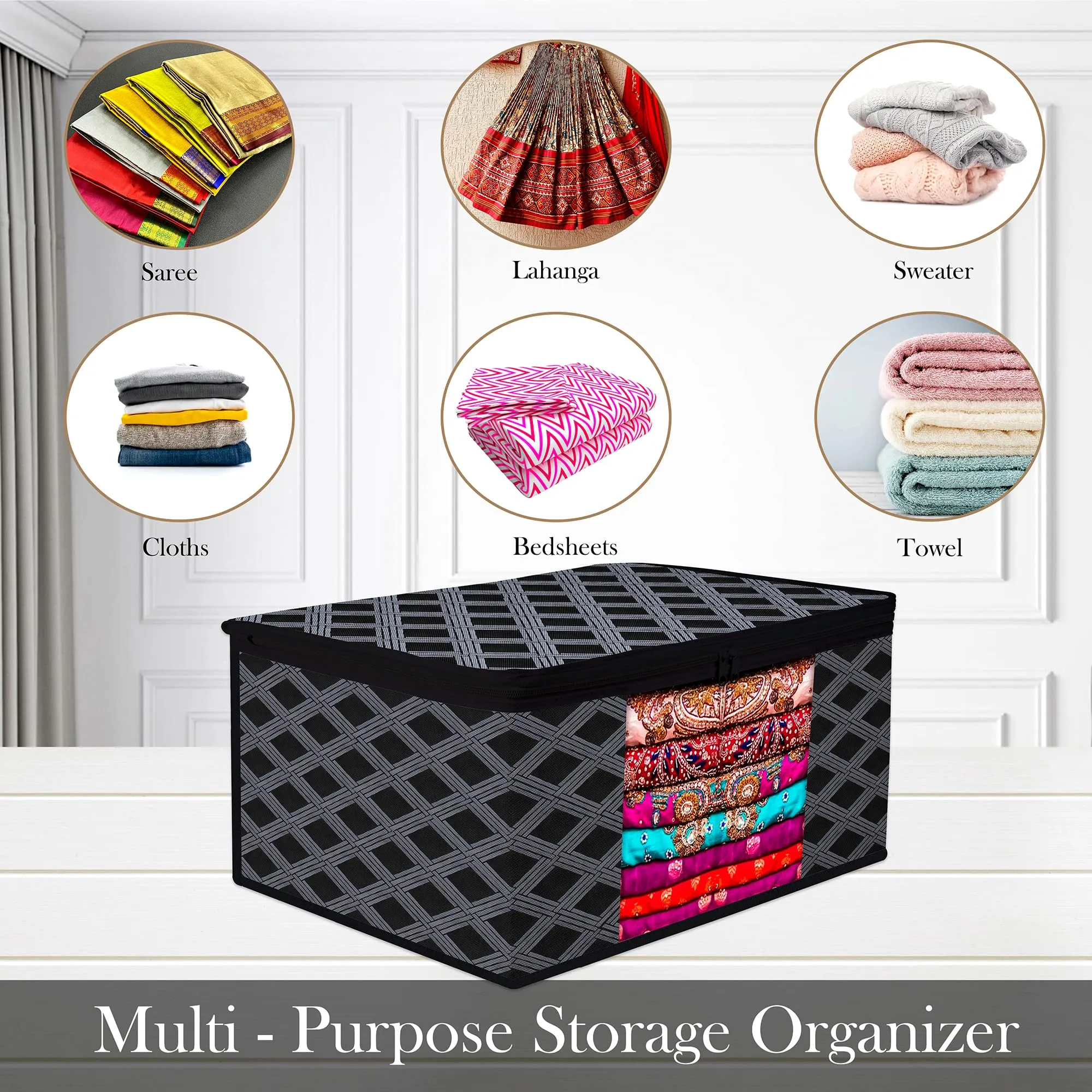 Kuber Industries Saree Cover | Zip Closure Saree Cover | Clothes Storage Bag | Wardrobe Organiser | Transparent Window Saree Cover | Check-Design | 9 inch | Pack of 12 | Black