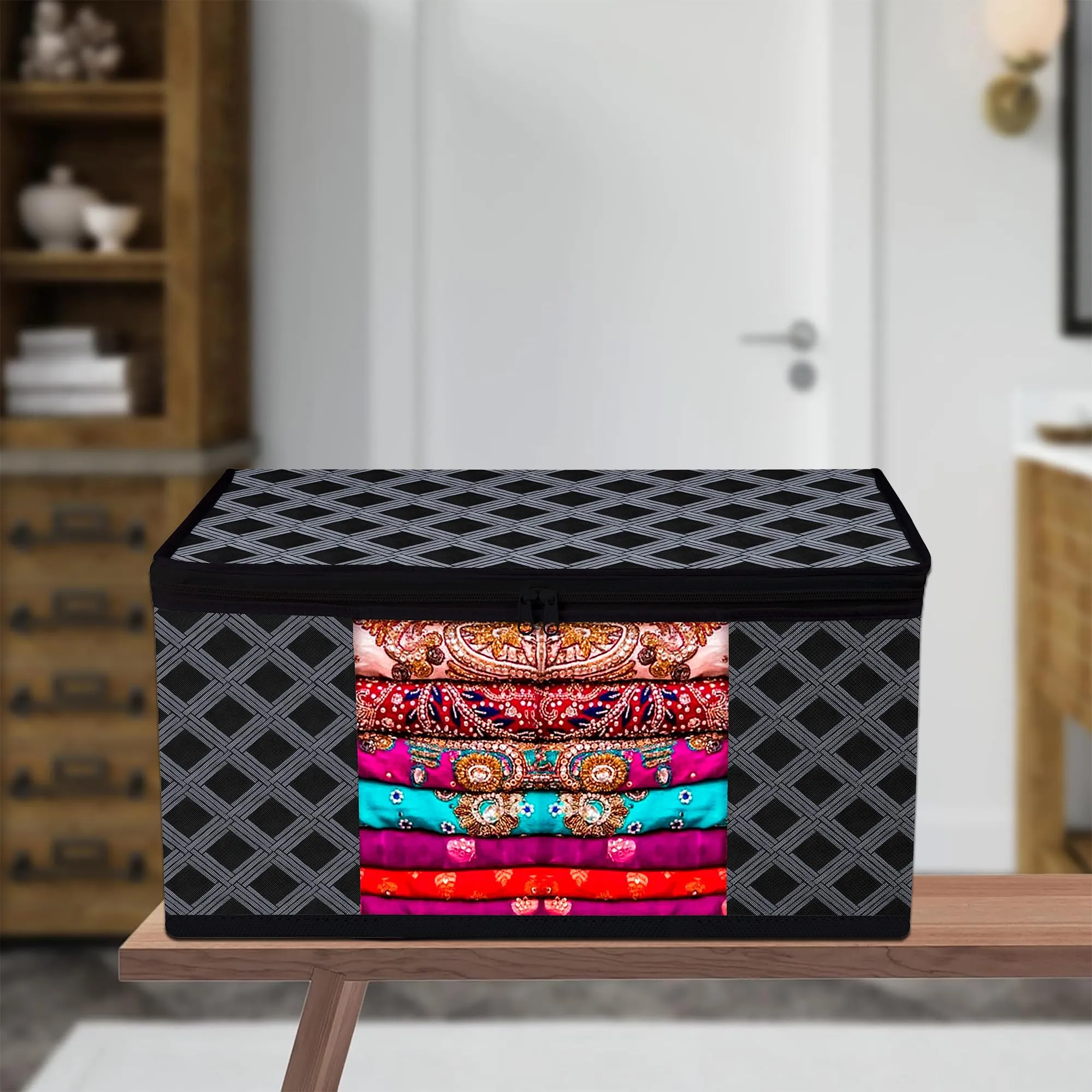 Kuber Industries Saree Cover | Zip Closure Saree Cover | Clothes Storage Bag | Wardrobe Organiser | Transparent Window Saree Cover | Check-Design | 9 inch | Pack of 12 | Black