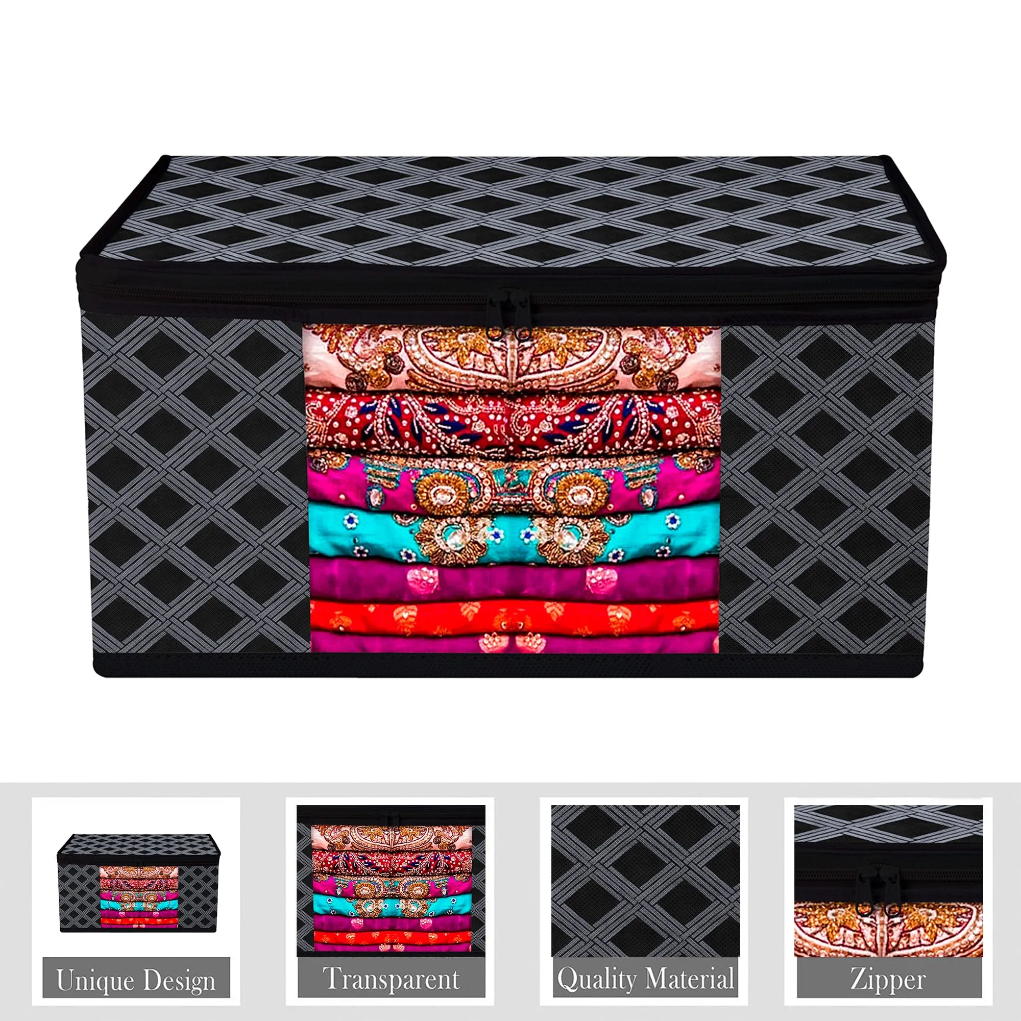 Kuber Industries Saree Cover | Zip Closure Saree Cover | Clothes Storage Bag | Wardrobe Organiser | Transparent Window Saree Cover | Check-Design | 9 inch | Pack of 12 | Black
