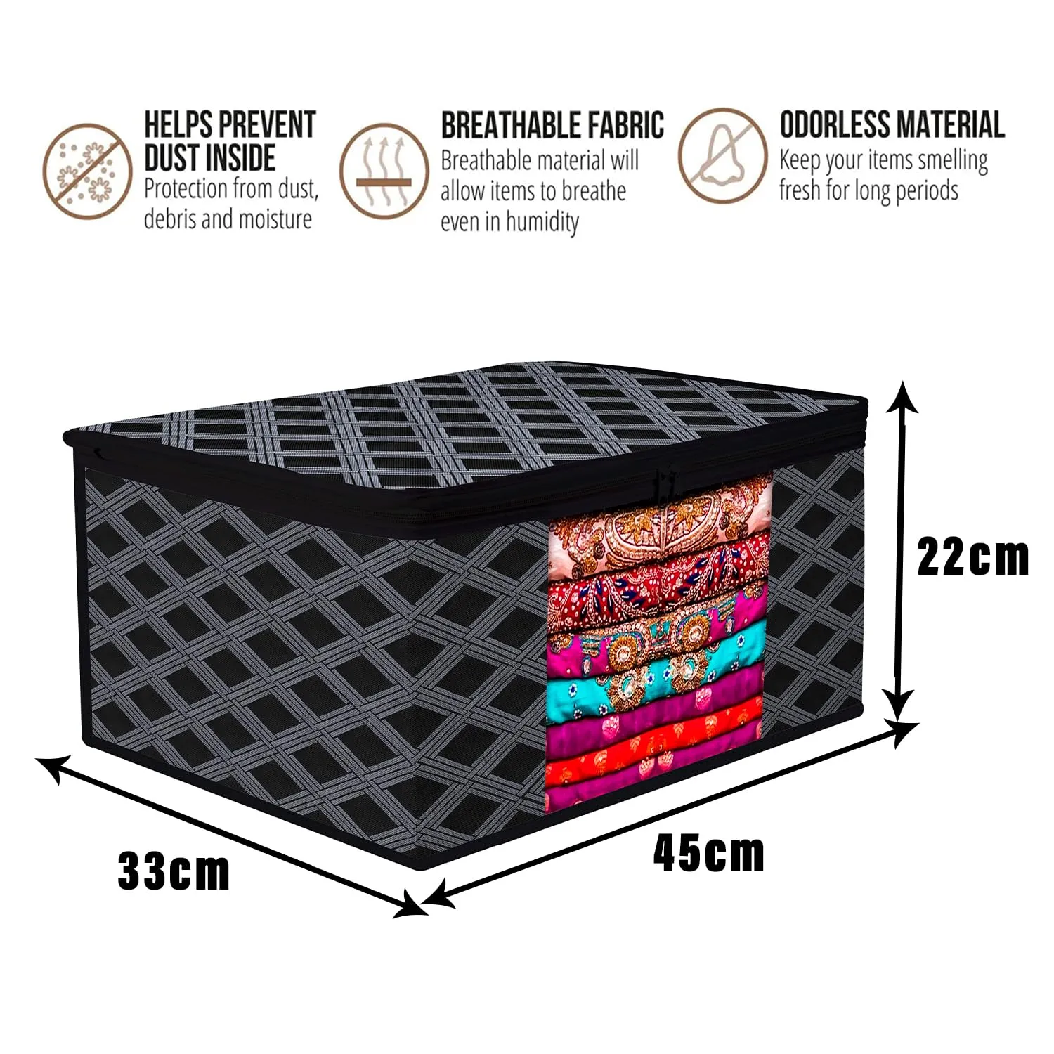 Kuber Industries Saree Cover | Zip Closure Saree Cover | Clothes Storage Bag | Wardrobe Organiser | Transparent Window Saree Cover | Check-Design | 9 inch | Pack of 12 | Black
