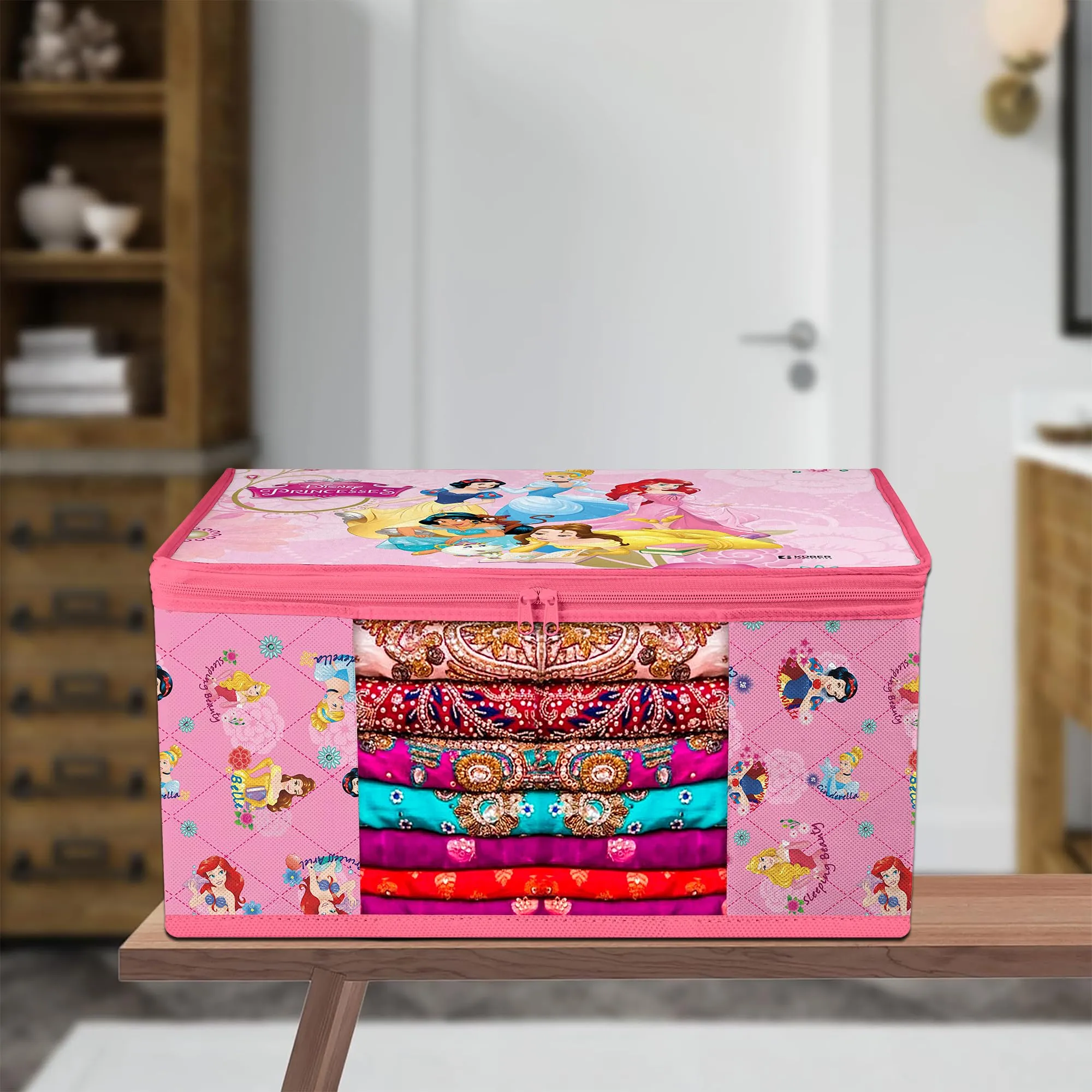 Kuber Industries Saree Cover | Zip Closure Saree Cover | Clothes Storage Bag | Wardrobe Organiser | Transparent Window Saree Cover | Disney Princess-Print | 9 inch | Pack of 9 | Pink