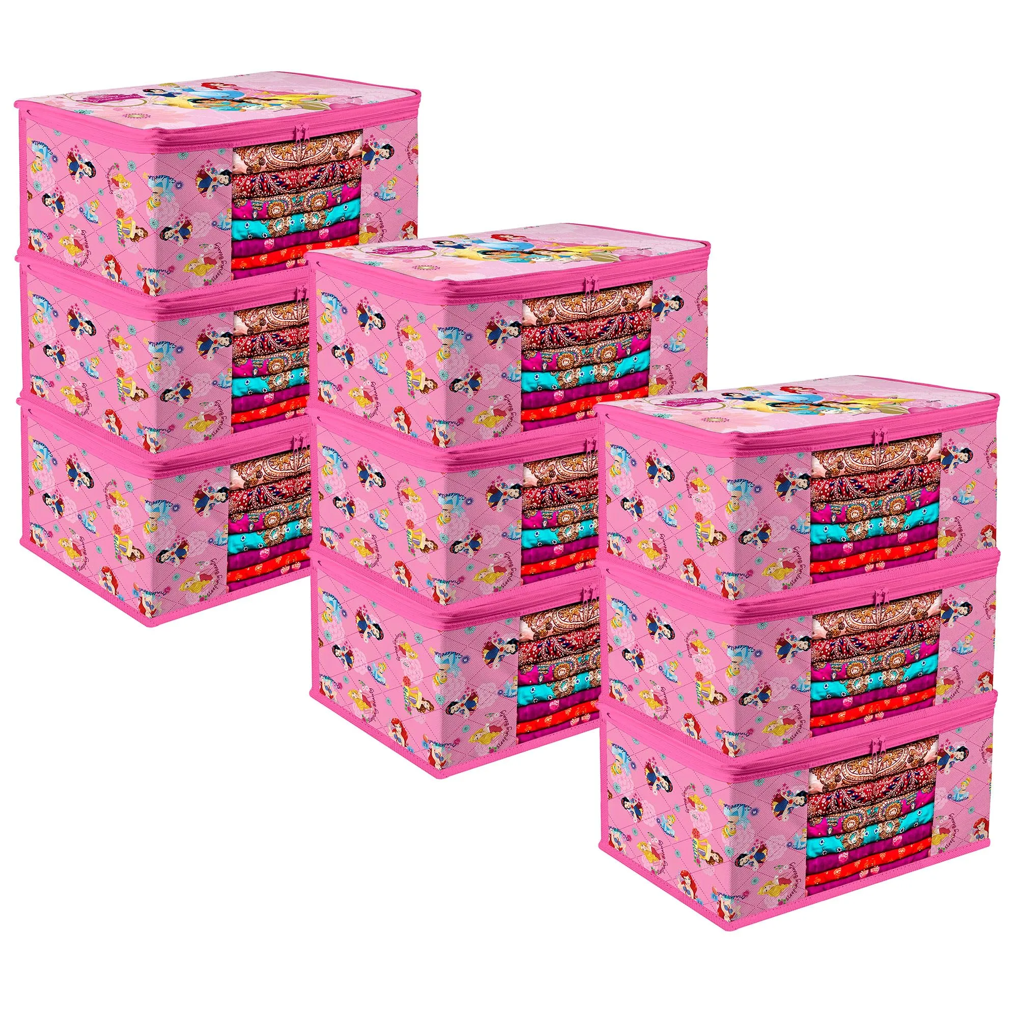 Kuber Industries Saree Cover | Zip Closure Saree Cover | Clothes Storage Bag | Wardrobe Organiser | Transparent Window Saree Cover | Disney Princess-Print | 9 inch | Pack of 9 | Pink