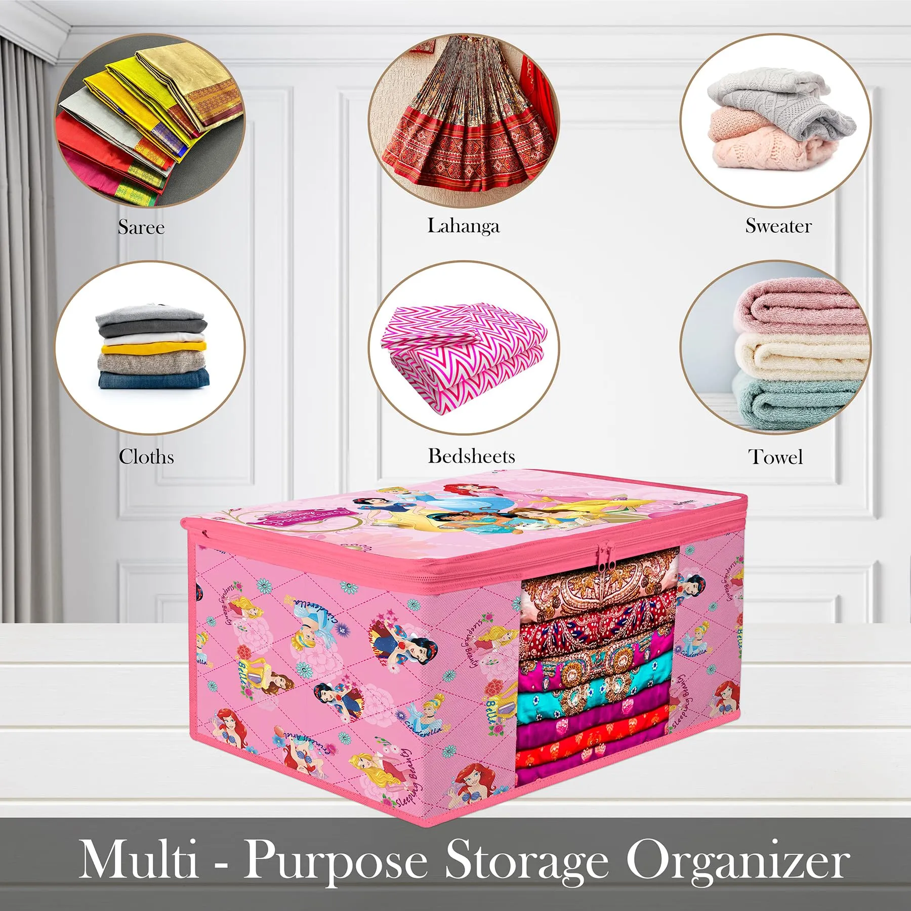 Kuber Industries Saree Cover | Zip Closure Saree Cover | Clothes Storage Bag | Wardrobe Organiser | Transparent Window Saree Cover | Disney Princess-Print | 9 inch | Pack of 9 | Pink