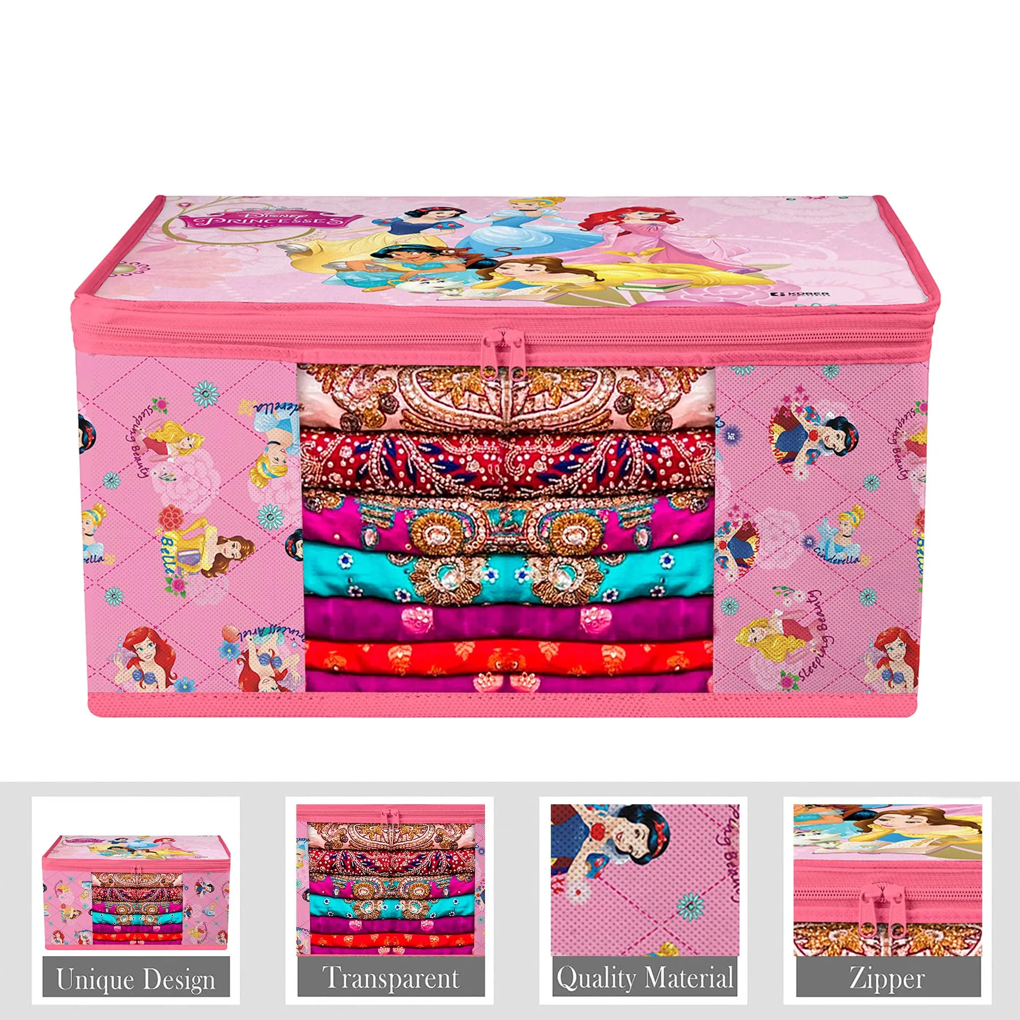Kuber Industries Saree Cover | Zip Closure Saree Cover | Clothes Storage Bag | Wardrobe Organiser | Transparent Window Saree Cover | Disney Princess-Print | 9 inch | Pack of 9 | Pink