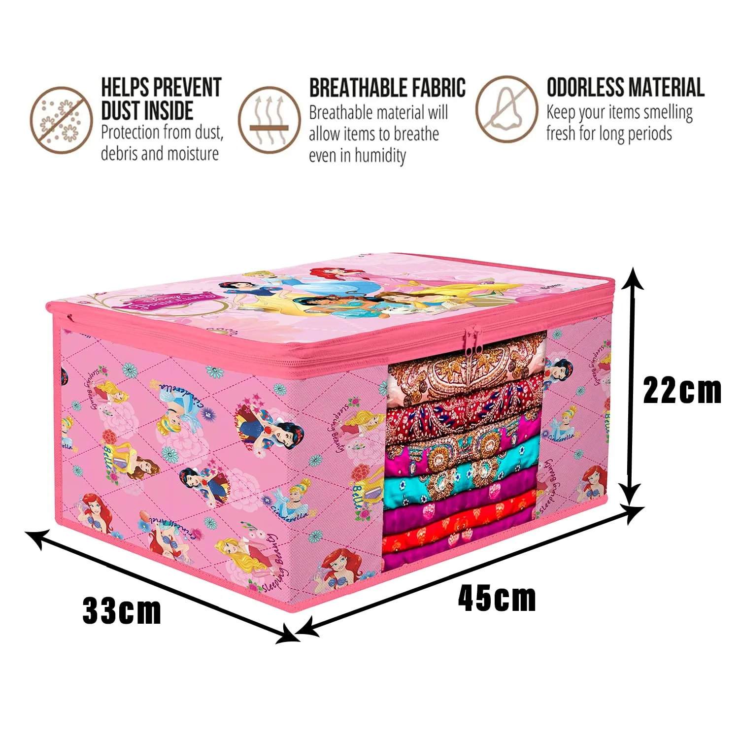 Kuber Industries Saree Cover | Zip Closure Saree Cover | Clothes Storage Bag | Wardrobe Organiser | Transparent Window Saree Cover | Disney Princess-Print | 9 inch | Pack of 9 | Pink