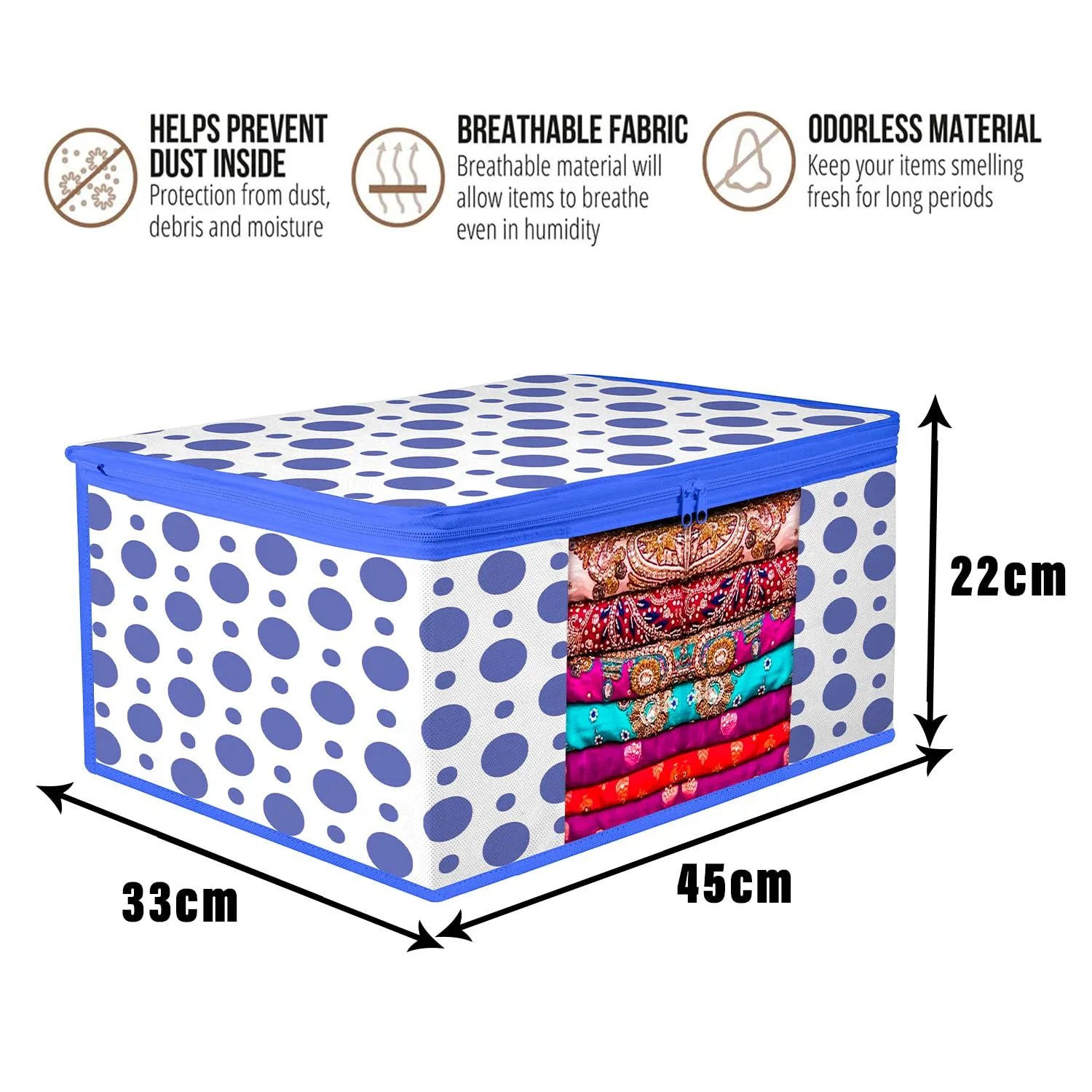 Kuber Industries Saree Cover | Zip Closure Saree Cover | Clothes Storage Bag | Wardrobe Organiser | Transparent Window Saree Cover | Dot-Design | 9 inch | Pack of 9 | Blue